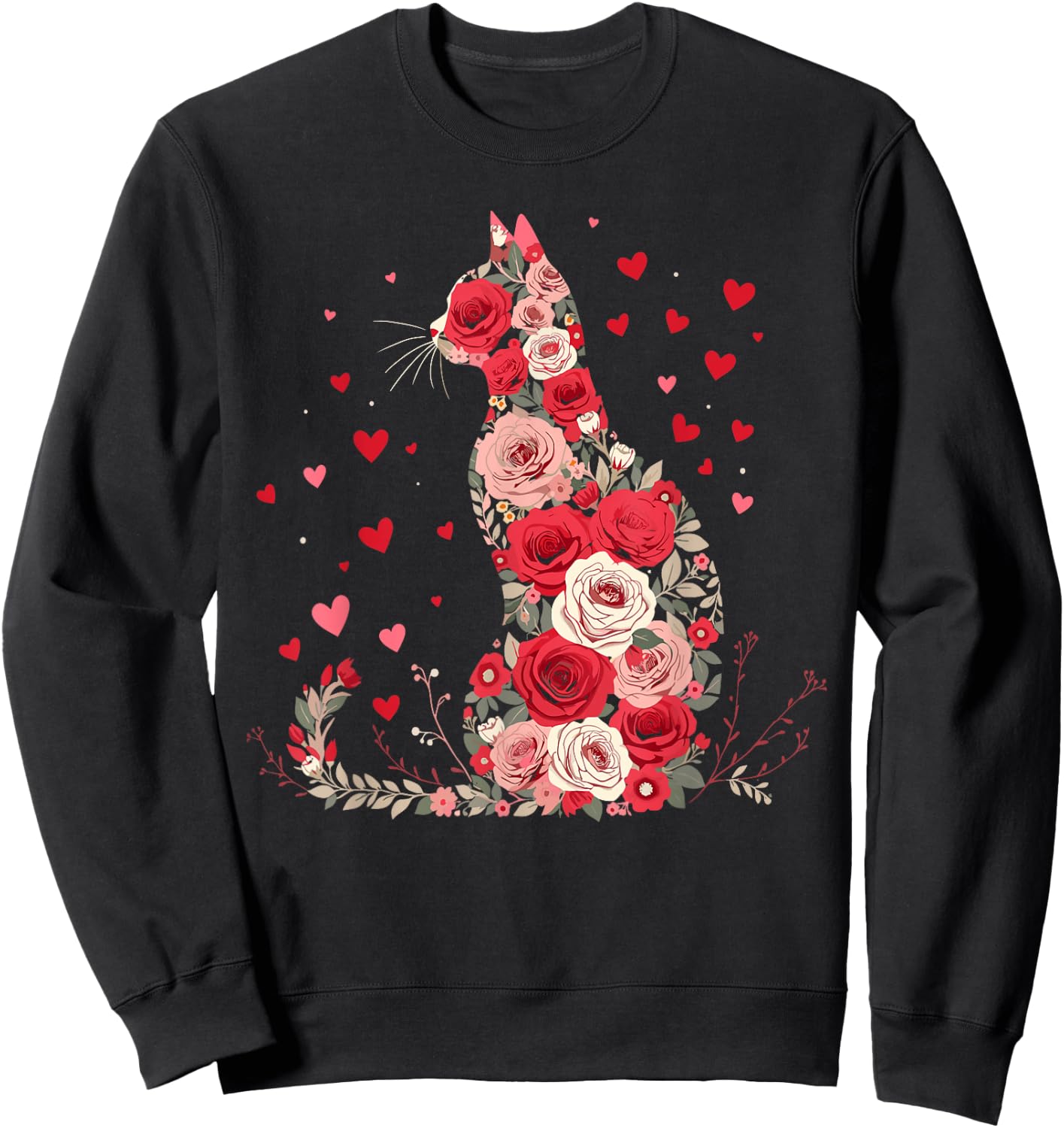 Cute Flower Cat Owners Artwork with Hearts and Roses Sweatshirt - Sweatshirt | Black