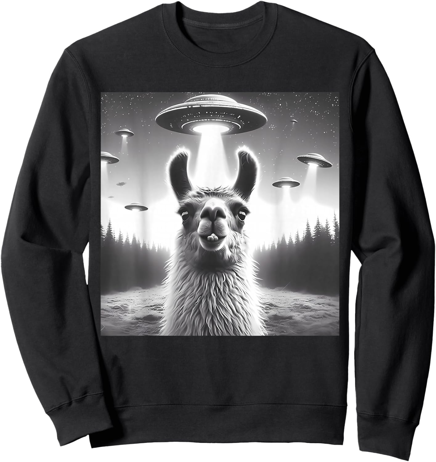 Funny Llama Selfie UFO Alien Alpaca Humor Vintage Print Art Sweatshirt - Sweatshirt | Black