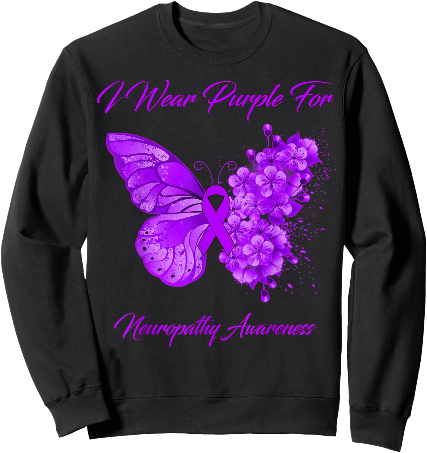 Butterfly I Wear Purple For Neuropathy Awareness Sweatshirt - Sweatshirt | Black