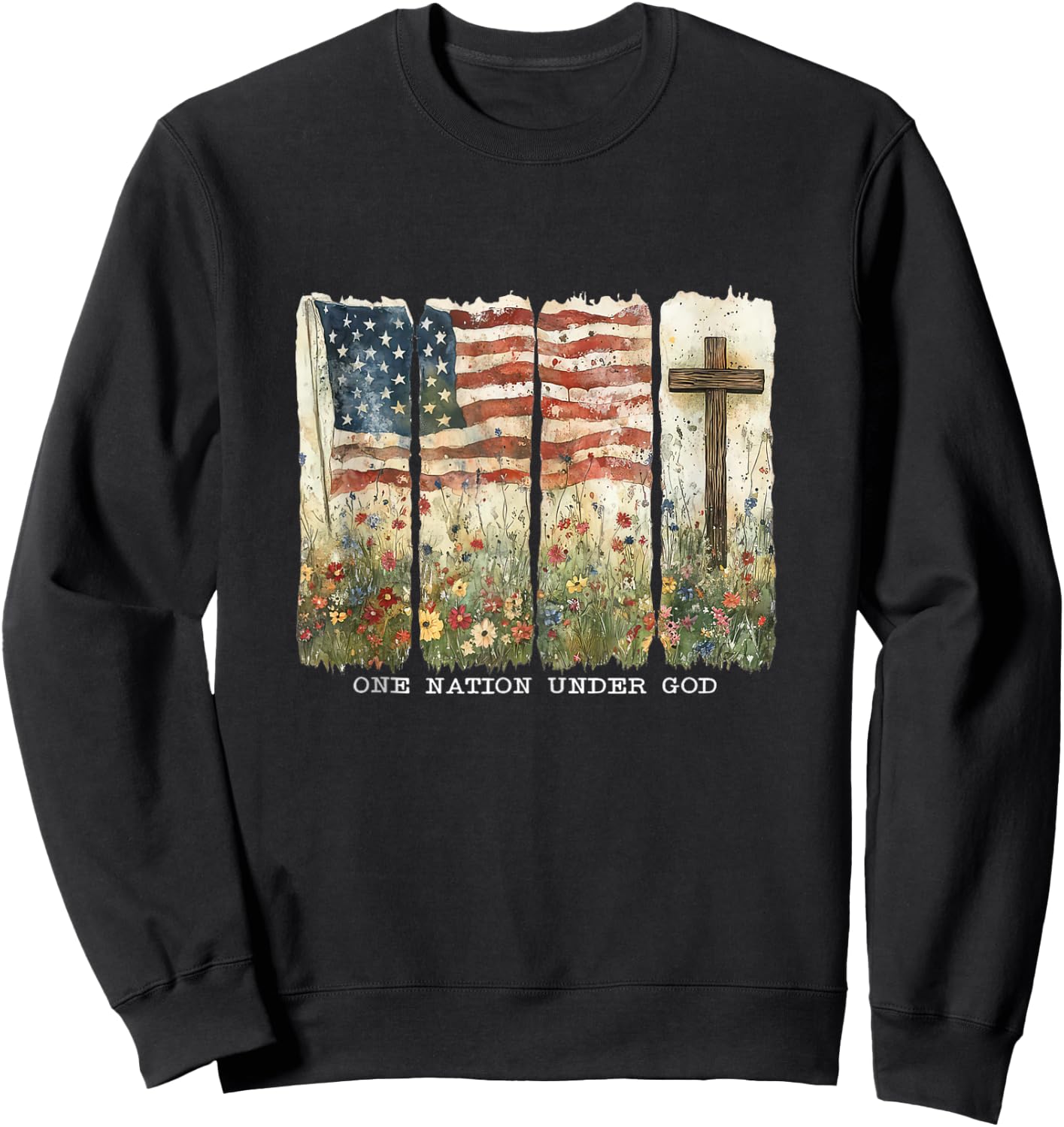 Women One Nation Under God Flag 4th Of July Floral Christian Sweatshirt - Sweatshirt | Black