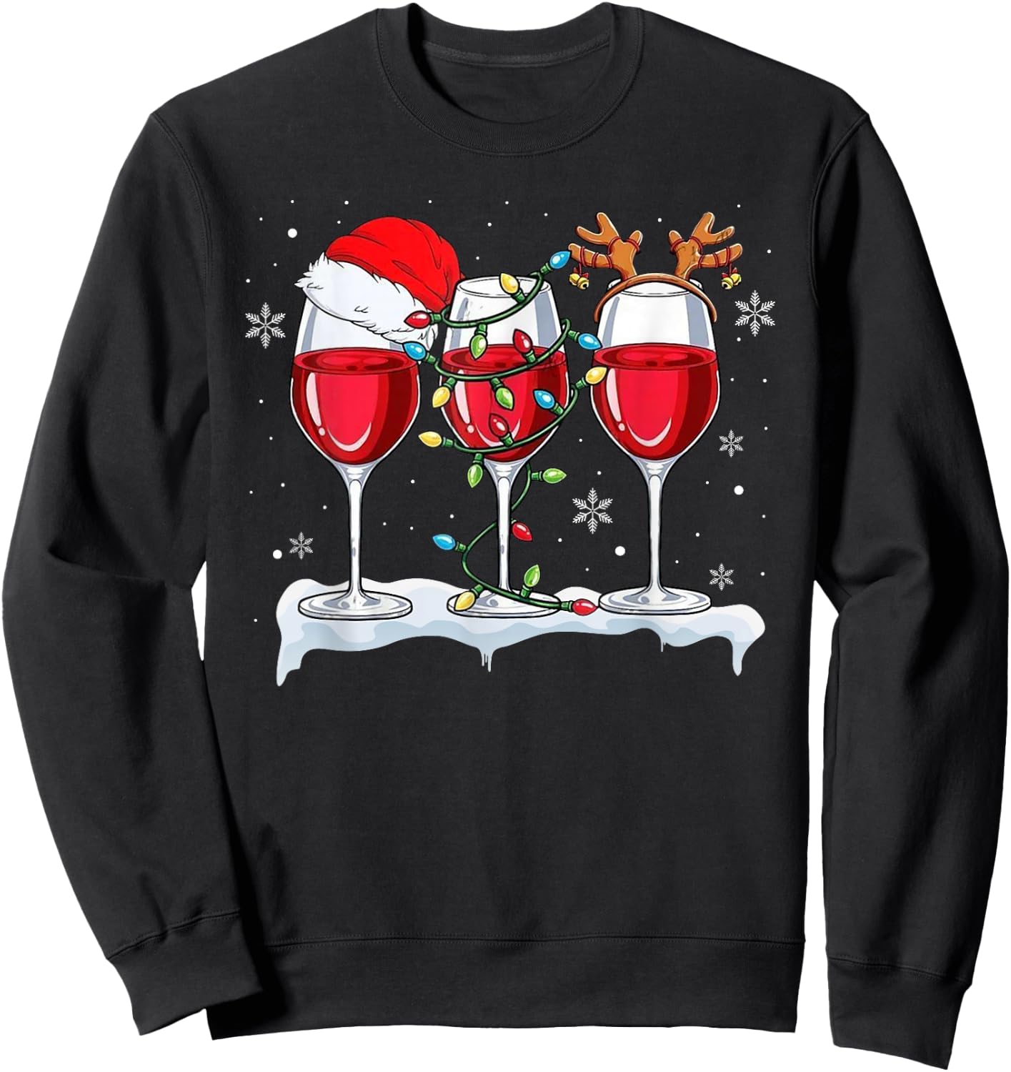 Three Wine Glasses Santa Hat Christmas Cute Wine Lover Xmas Sweatshirt - Sweatshirt | Black