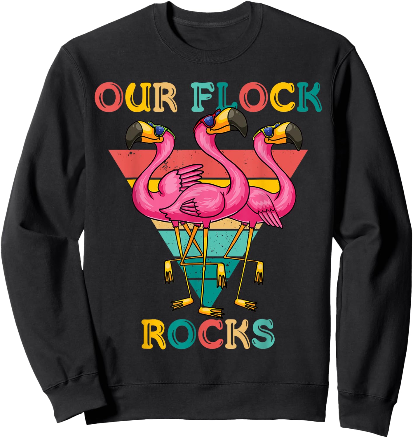 Our Flock Rocks Retro Flamingo Matching Family Vacation Sweatshirt - Sweatshirt | Black