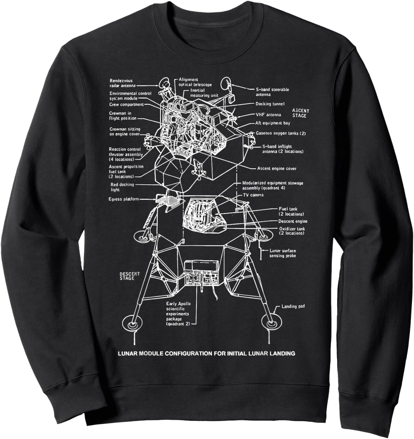 Lunar Module Retro Space Diagram Landing Chart Blueprint Fun Sweatshirt - Sweatshirt | Black