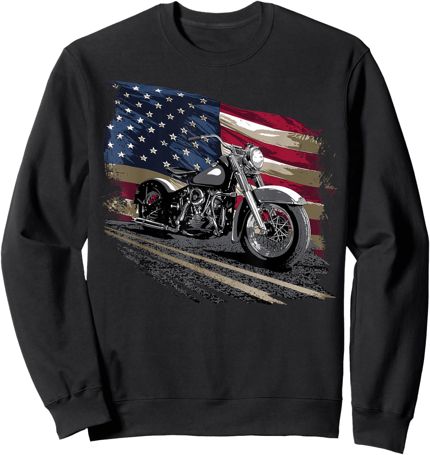 Open Air Road Trip Cruising Black Distressed American Flag Classic Fit Sweatshirt - Sweatshirt | Black