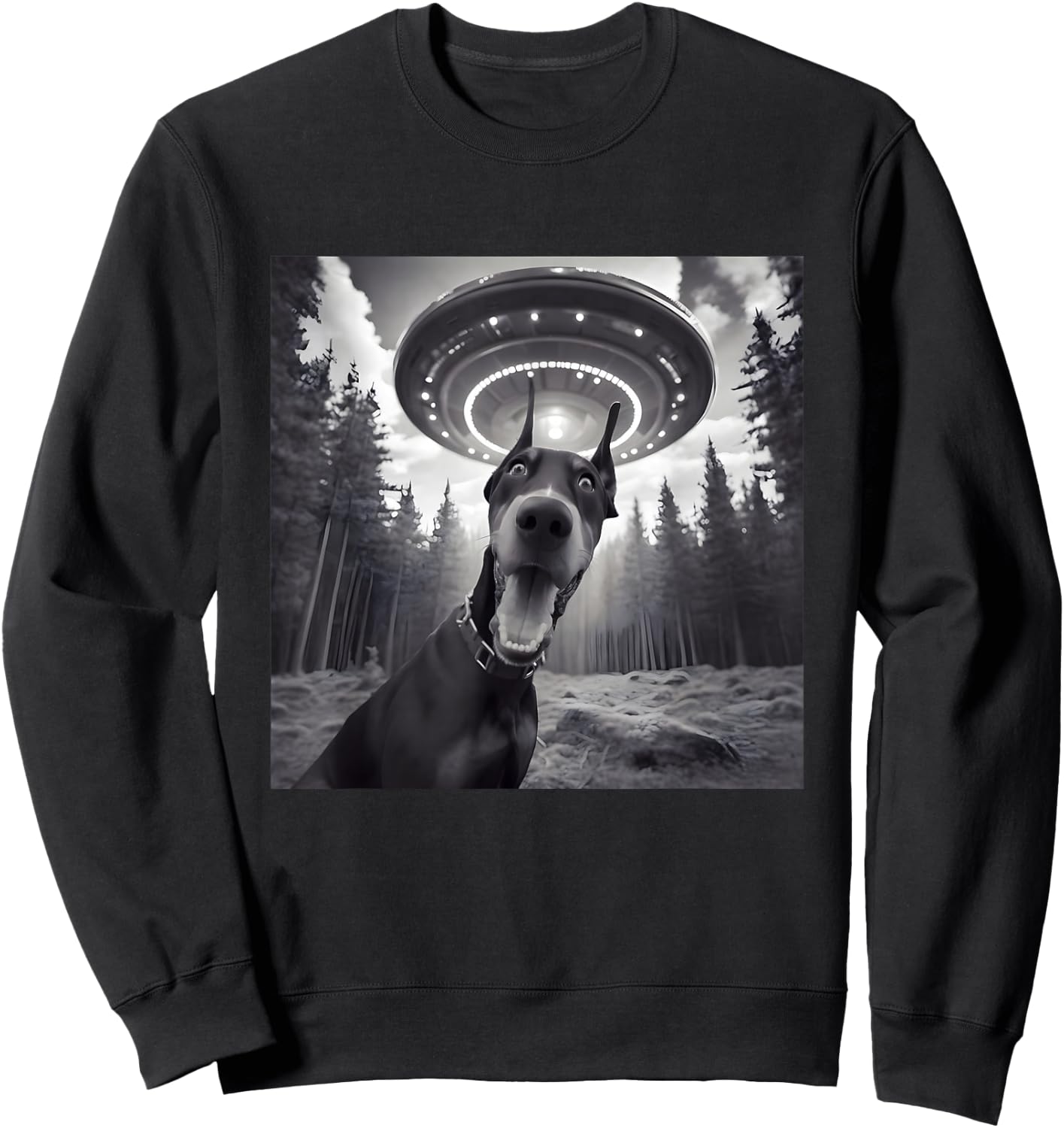 Doberman Dog Selfie With UFO - Funny Graphic Alien Lover Sweatshirt - Sweatshirt | Black