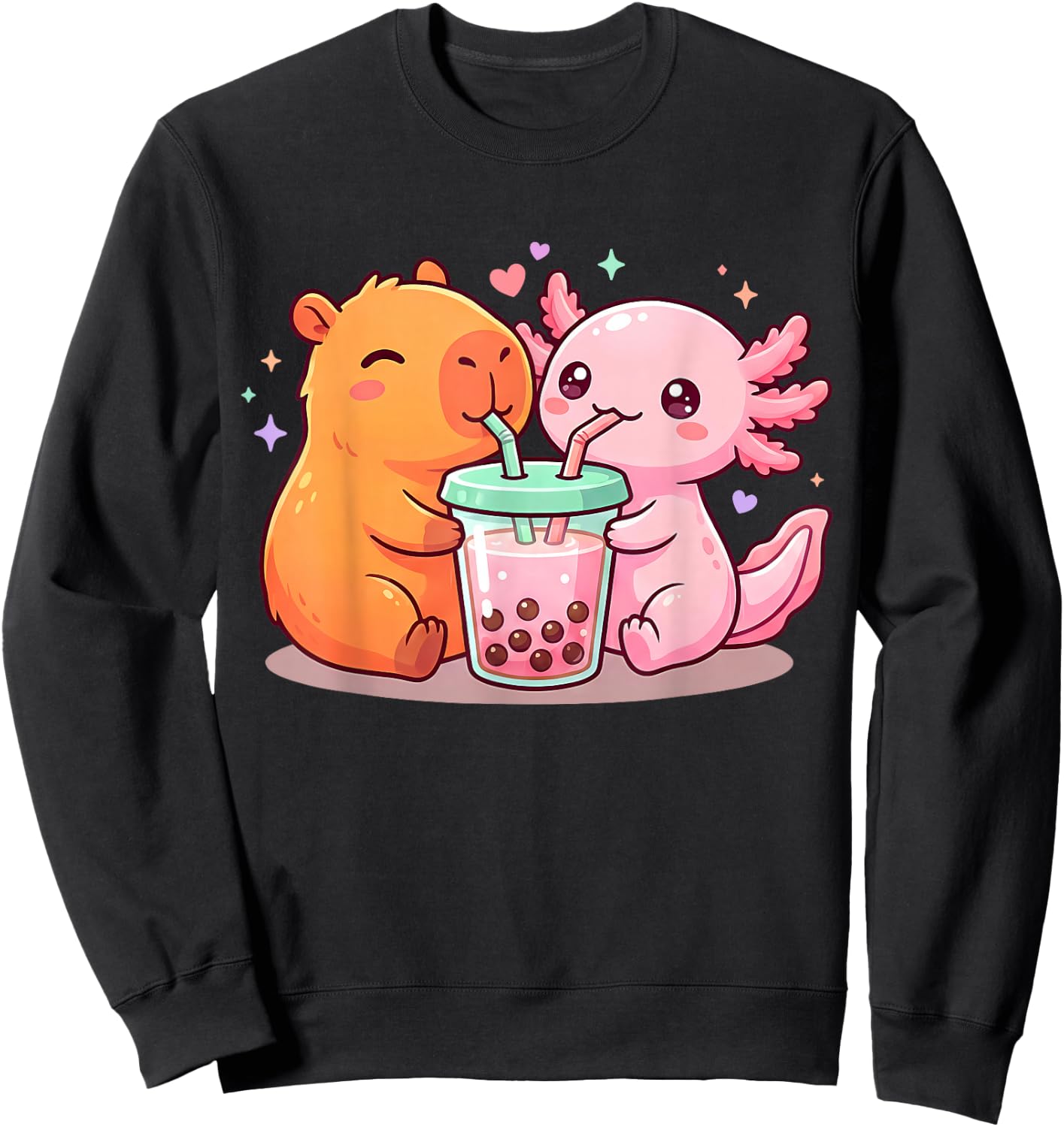 Cute Capybara and Axolotl Bubble Tea Boba Girls Kawaii Anime Sweatshirt - Sweatshirt | Black