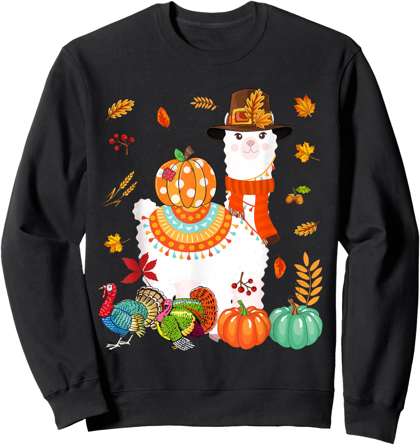 Thanksgiving Llama With Turkey Fall Pumpkins Lover Farmer Sweatshirt - Sweatshirt | Black