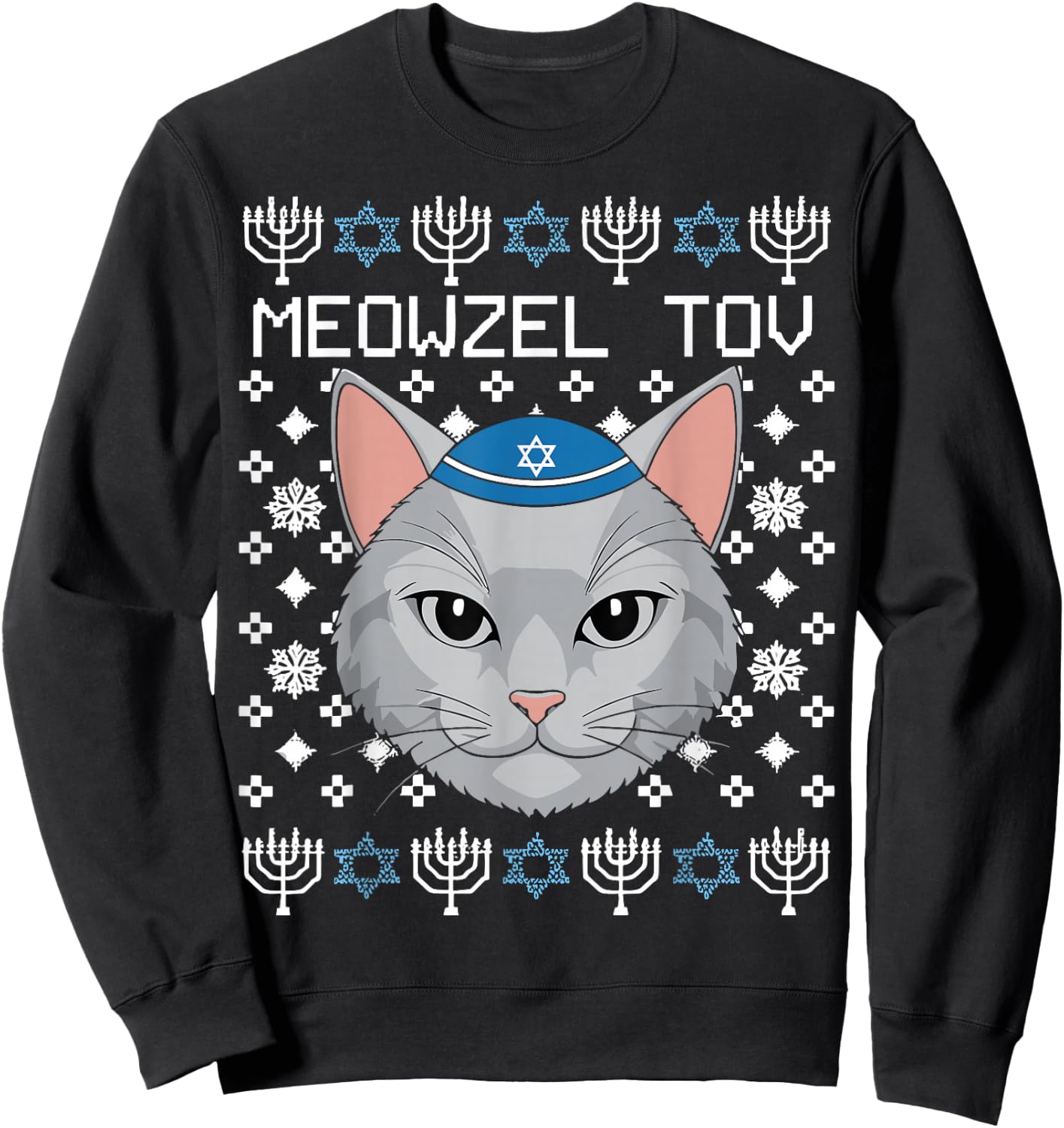 Meowzel Tov Ugly Hanukkah Chanukah Jewish Sweatshirt - Sweatshirt | Black