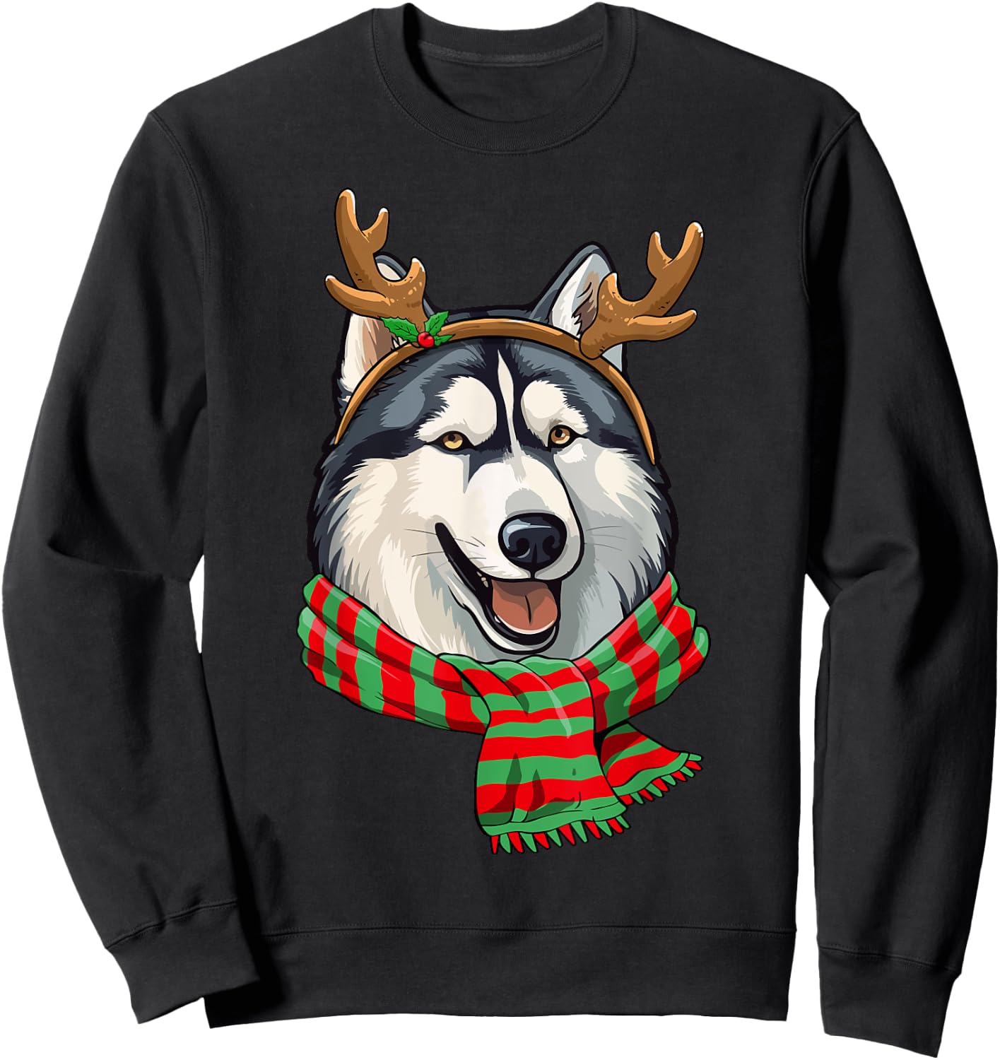 Siberian Husky Dog Christmas Reindeer Santa Hat Funny Xmas Women Kids Sweatshirt - Sweatshirt | Black