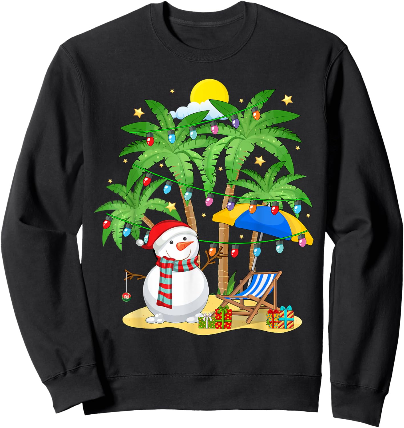 Christmas in July Snowman on Palm Tree Tropical Beach Sweatshirt - Sweatshirt | Black