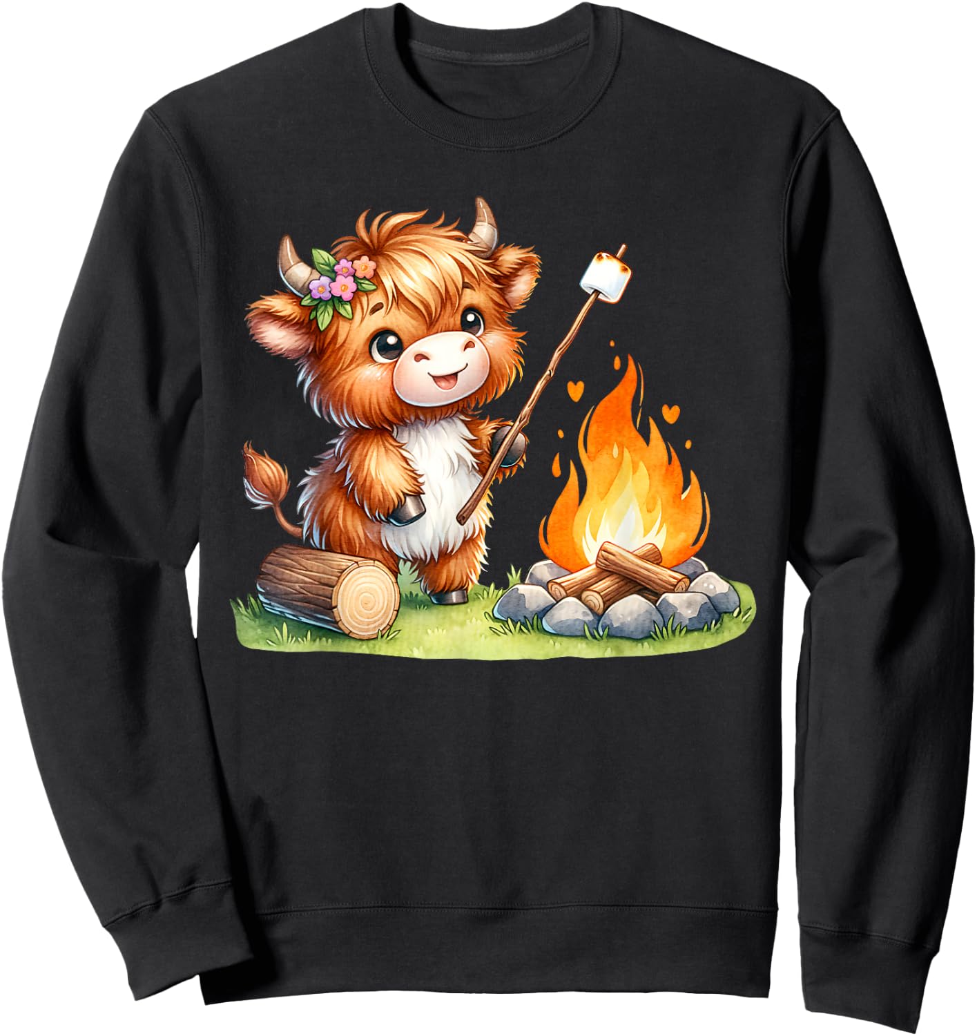 Cute Highland Cow Camping Roasting Marshmallows Sweatshirt - Sweatshirt | Black