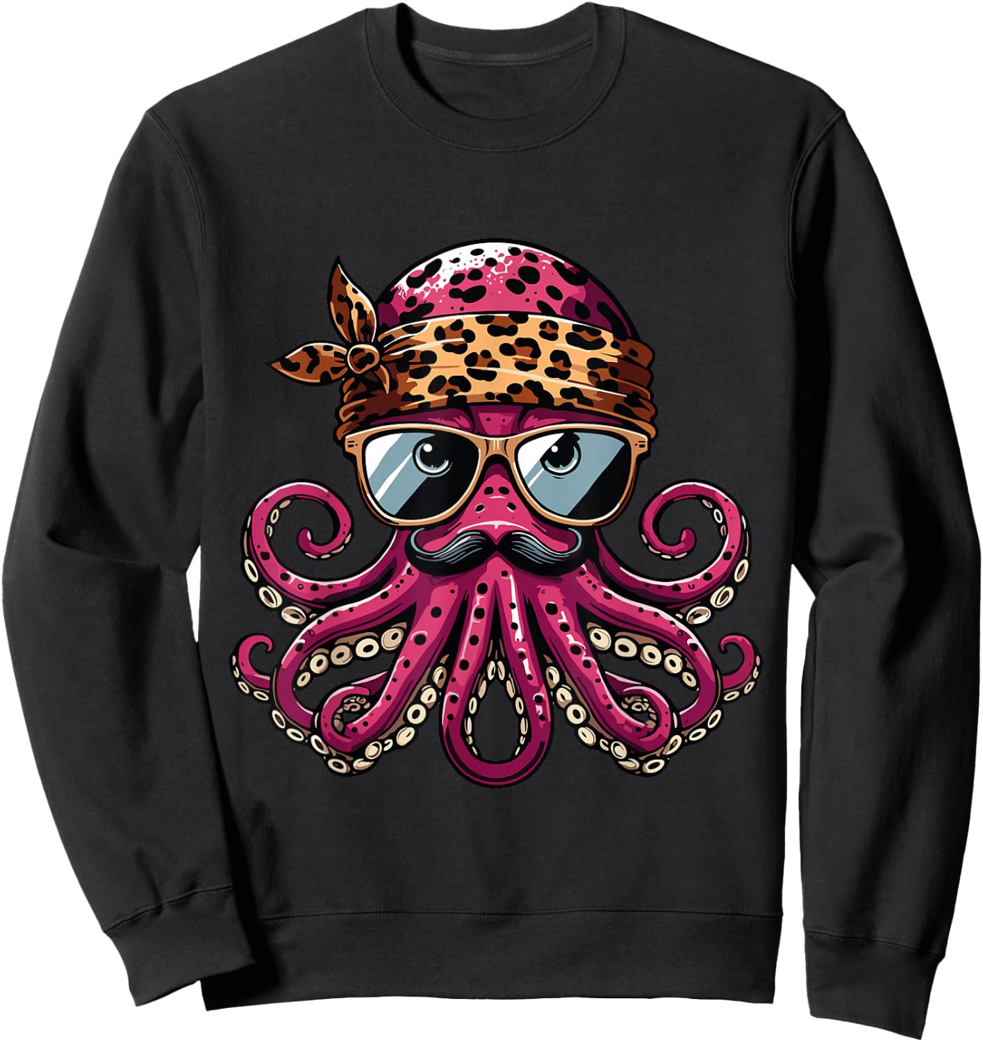 Octopus Wearing Leopard Print Scarf Cute Sunglasses Shades Sweatshirt - Sweatshirt | Black