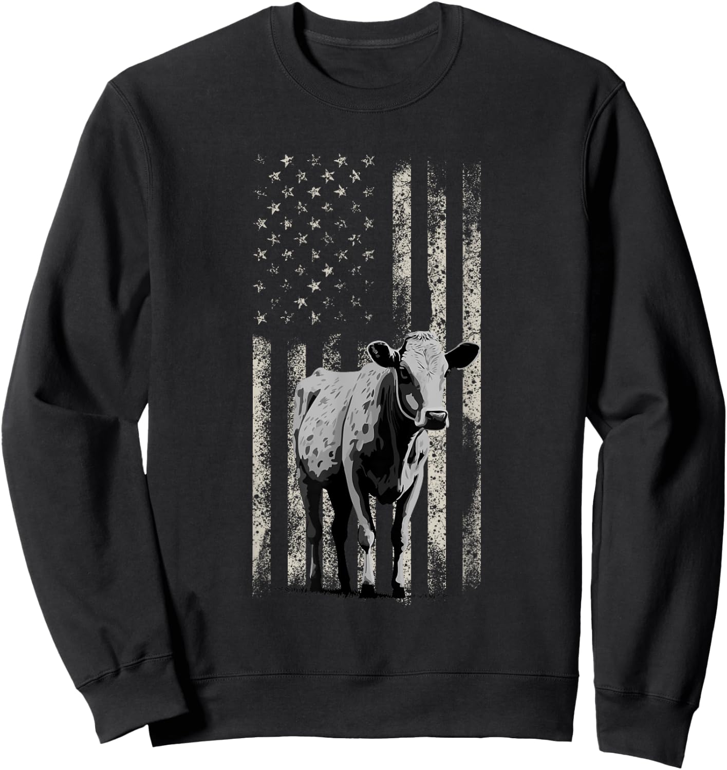 Distressed American-Flag Cow Vintage Patriotic Farmer Sweatshirt - Sweatshirt | Black