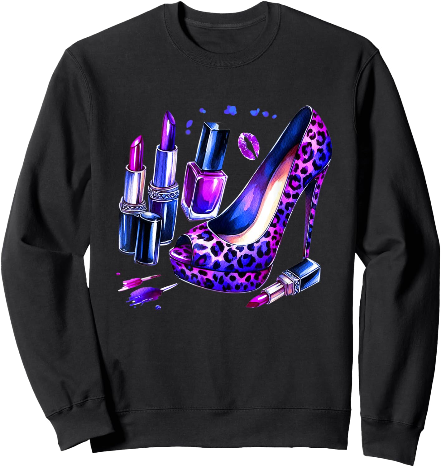 Purple Leopard Pattern High Heel Shoes Lipstick Nail Polish Sweatshirt - Sweatshirt | Black