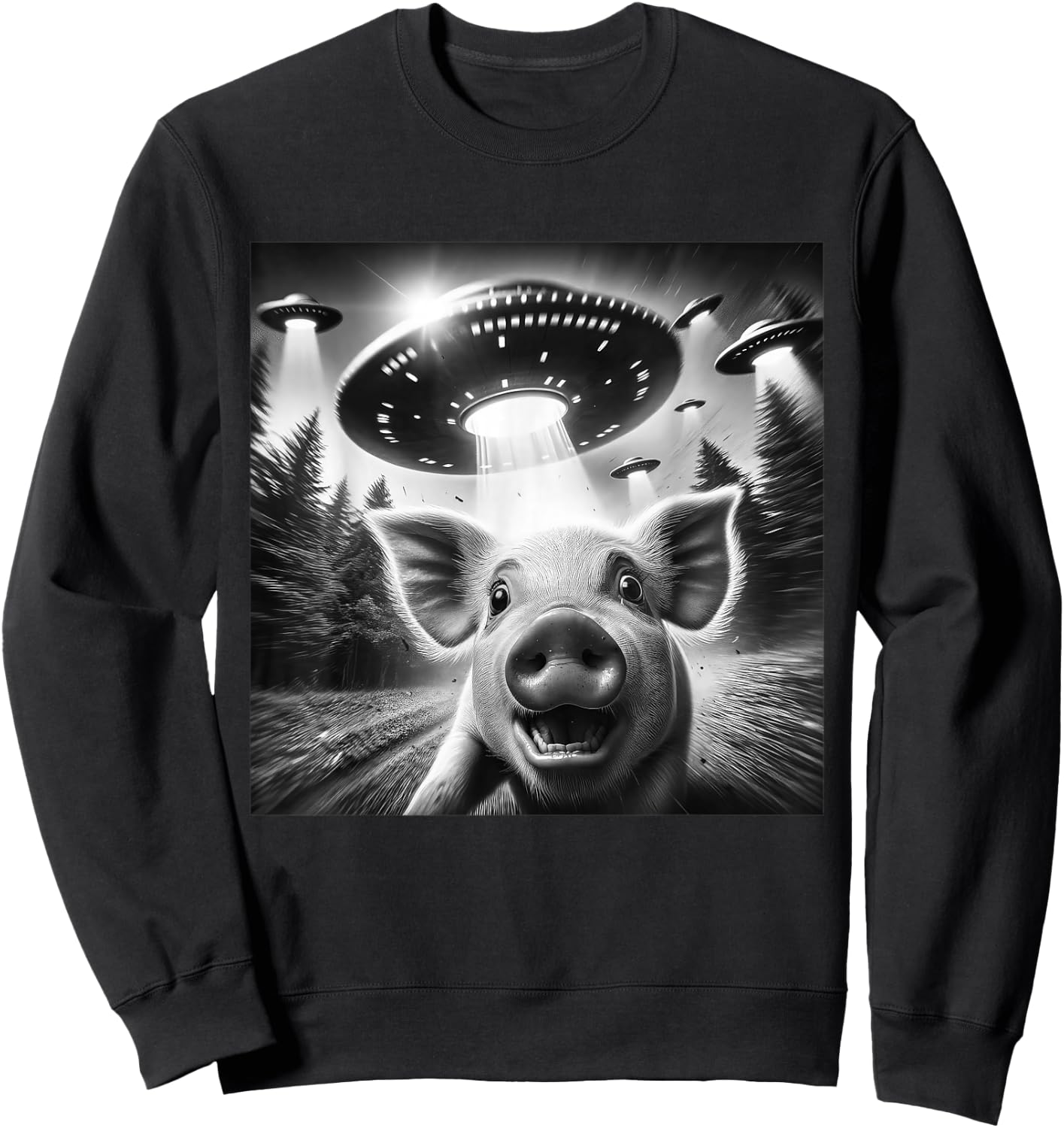 Funny Pig UFO Alien Pig Graphic Men Women Sweatshirt - Sweatshirt | Black
