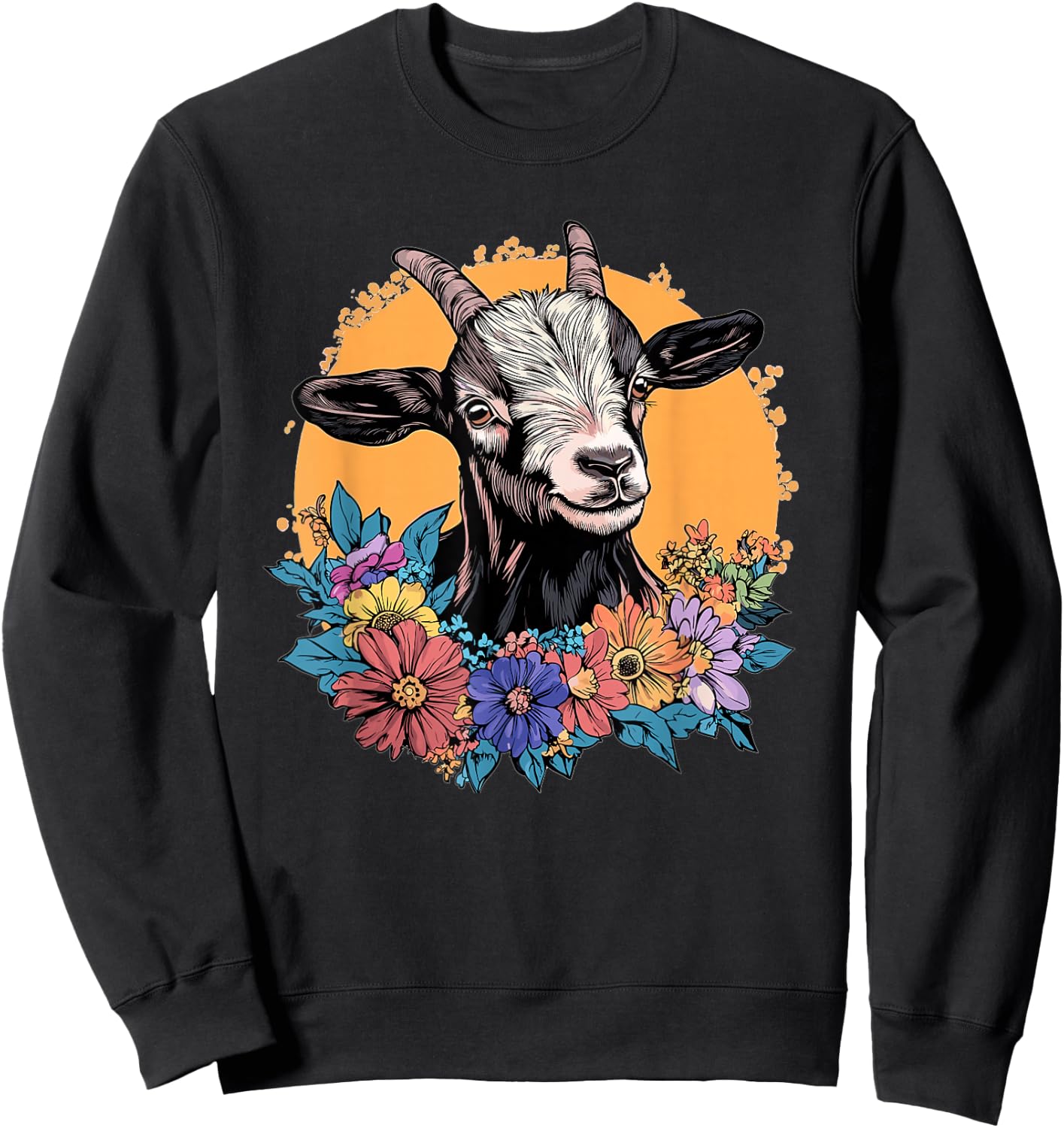 Cute Goat With Flowers I Goat Sweatshirt - Sweatshirt | Black
