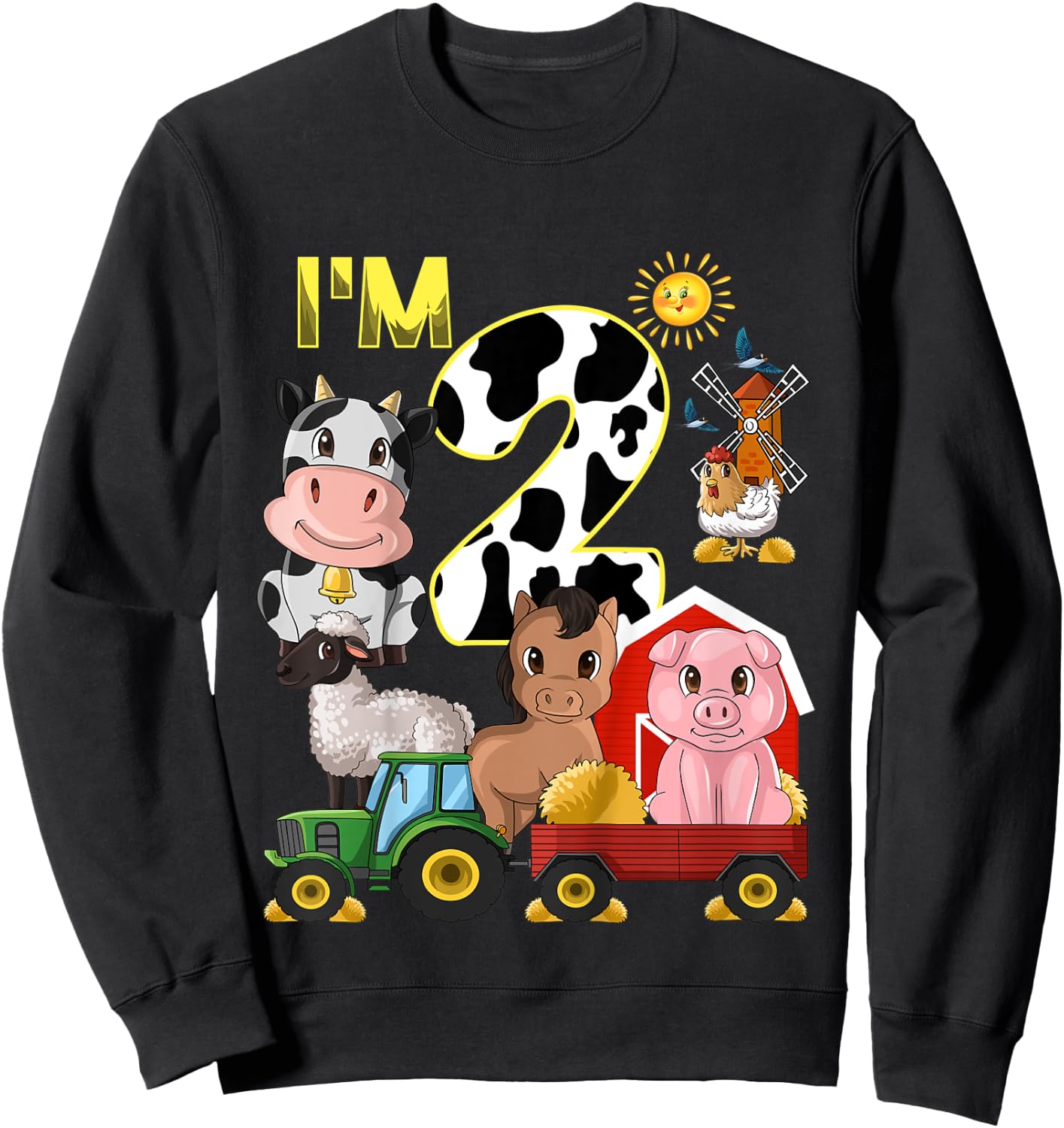 Kids Farm Animals Tractor 2nd Birthday 2 Year Old Birthday Party Sweatshirt - Sweatshirt | Black