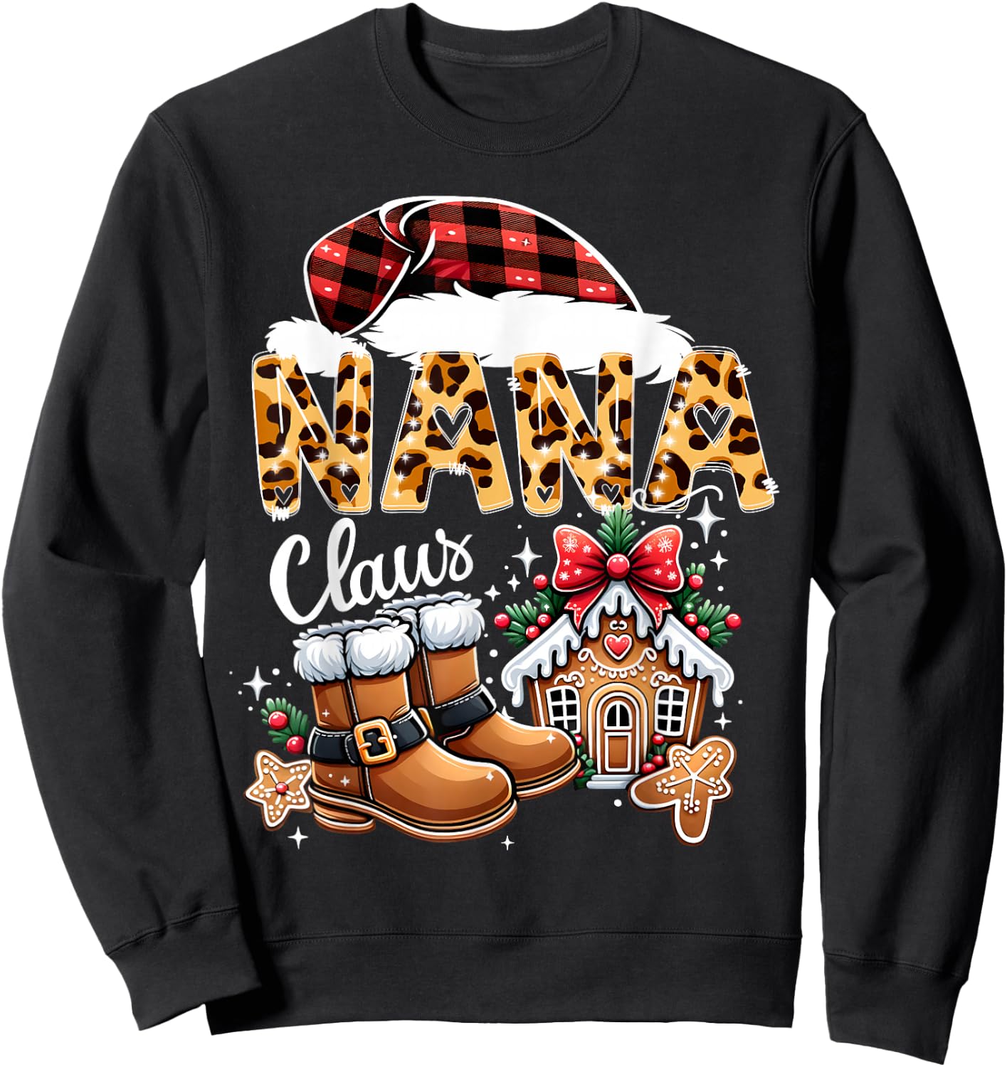 Christmas Nana Claus Grandma Leopard Buffalo Plaid Pjs Xmas Sweatshirt - Sweatshirt | Black