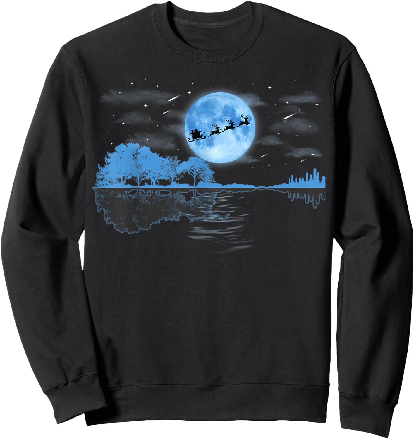 Christmas Guitar Lake Reflection Santa Claus Musician Guitar Sweatshirt - Sweatshirt | Black