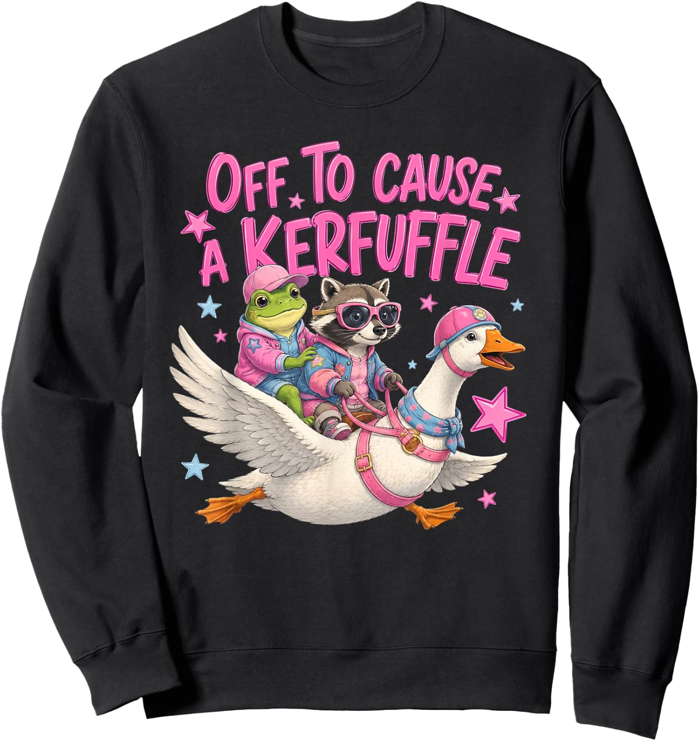 Off to Cause A Kerfuffle Frog Raccoon Riding Goose Sweatshirt - Sweatshirt | Black