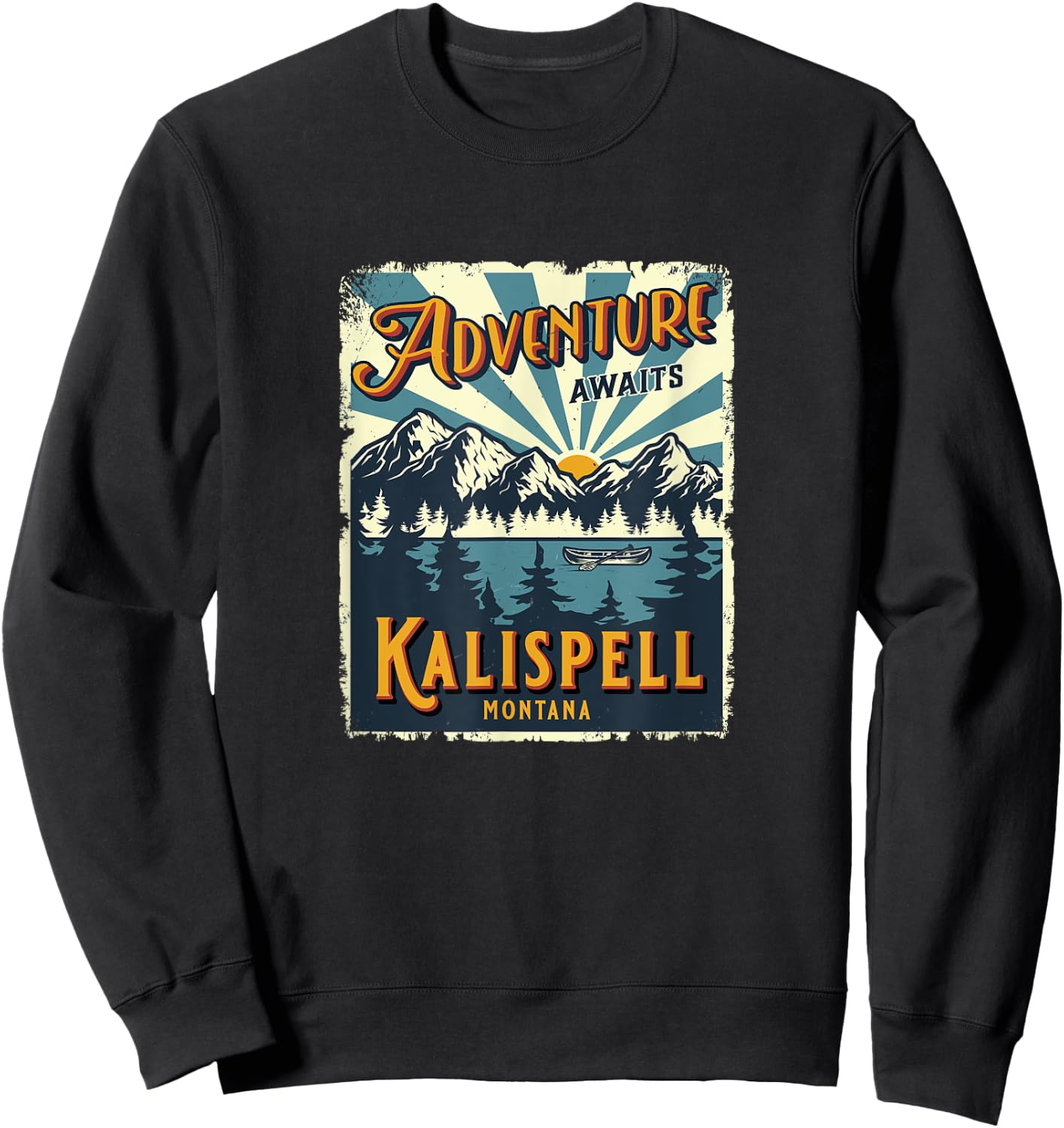Vintage Kalispell Montana Flathead Lake Retro Sun Souvenir Sweatshirt - Sweatshirt | Black