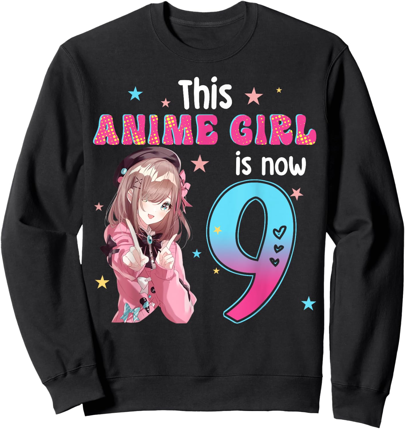 9 Years Old Girl Kawaii Gifts Anime Girl 9th Birthday Kids , black, s Sweatshirt - Sweatshirt | Black