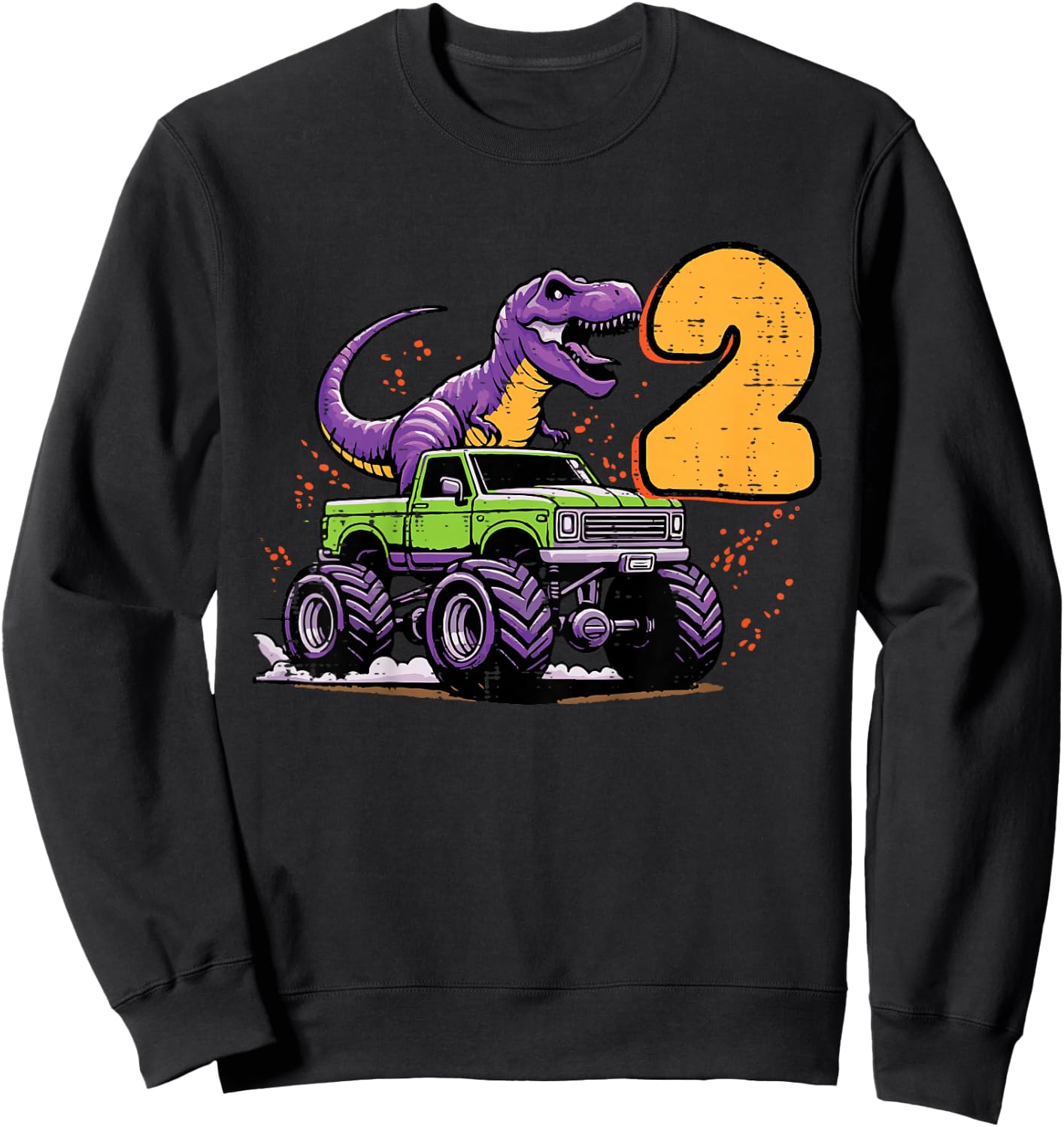 Kids 2nd Birthday Dino On Monster Truck 2 Year Old Trex Boys Kids Sweatshirt - Sweatshirt | Black