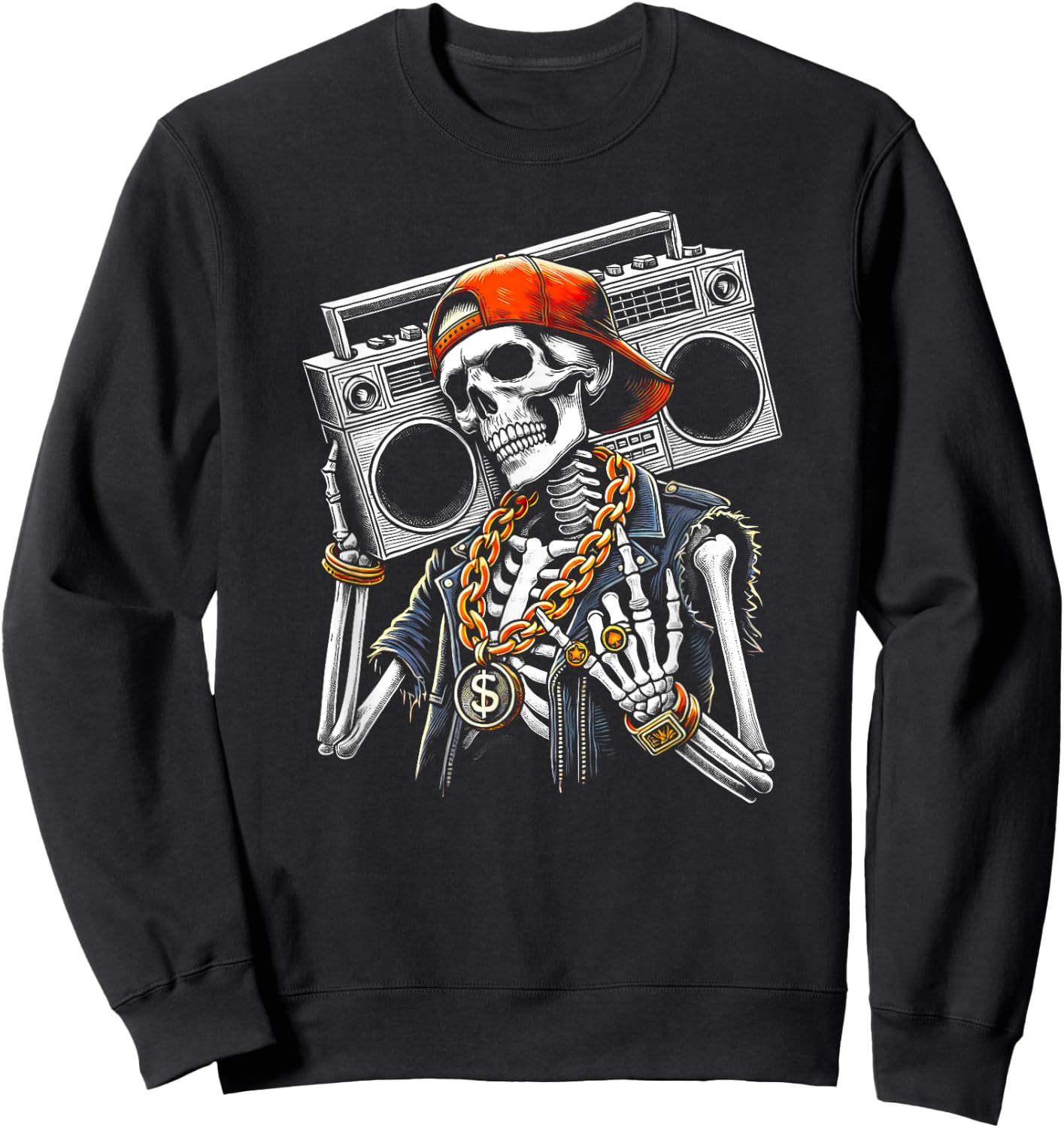 Skeleton Rocker Hand Horn Halloween Costume Cool Rock Music Sweatshirt - Sweatshirt | Black