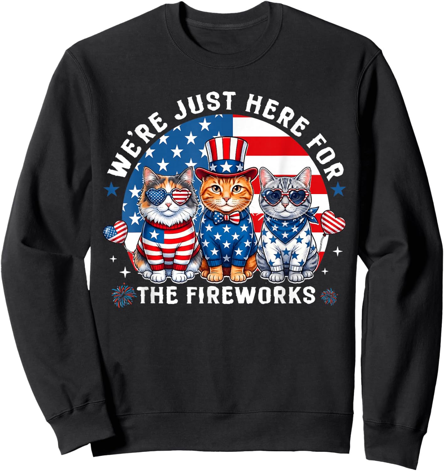 We're Just Here for The Fireworks Cats Patriotic Boy Girl Sweatshirt - Sweatshirt | Black