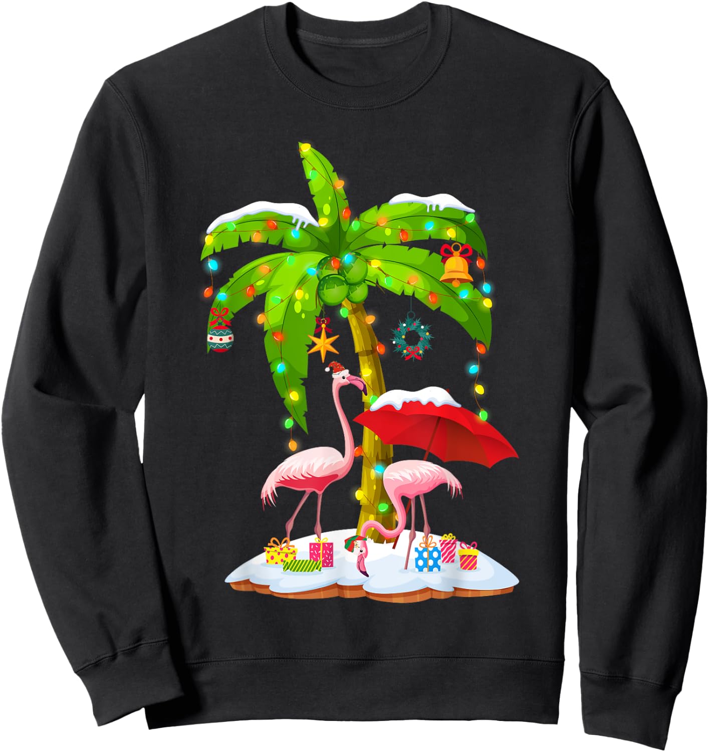 Flamingo Santa hat Palm tree Merry Christmas lights Sweatshirt - Sweatshirt | Black