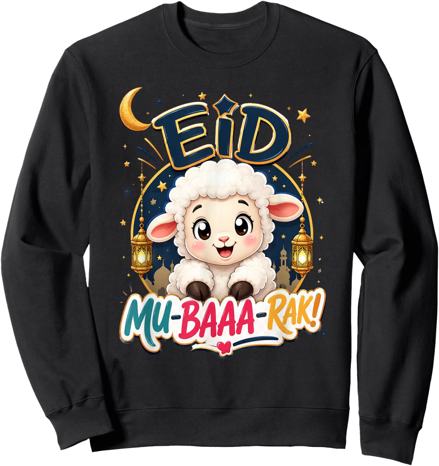 Happy Eid Al Adha Mubarak Kids Muslim Cute Sheep Holiday Sweatshirt - Sweatshirt | Black