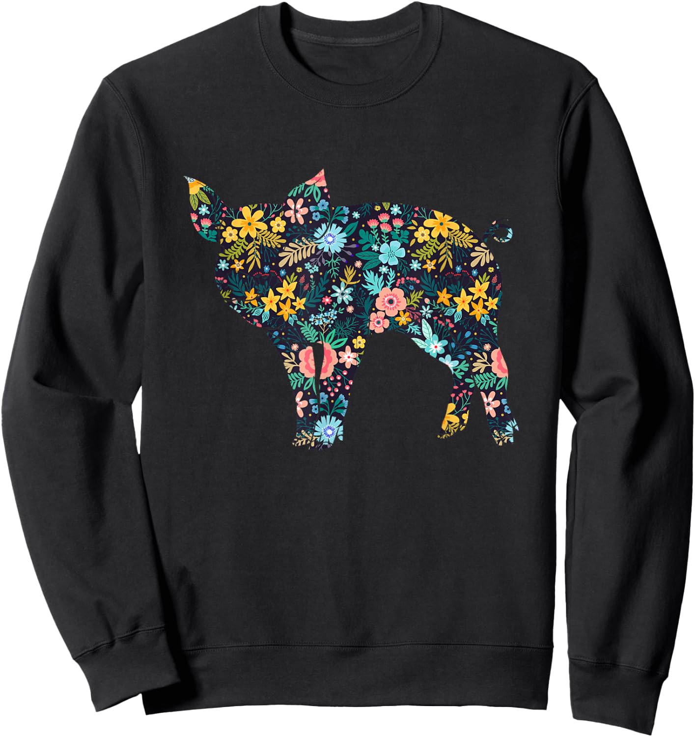 Floral Piglet Silhouette Girls Graphic Pig Sweatshirt - Sweatshirt | Black