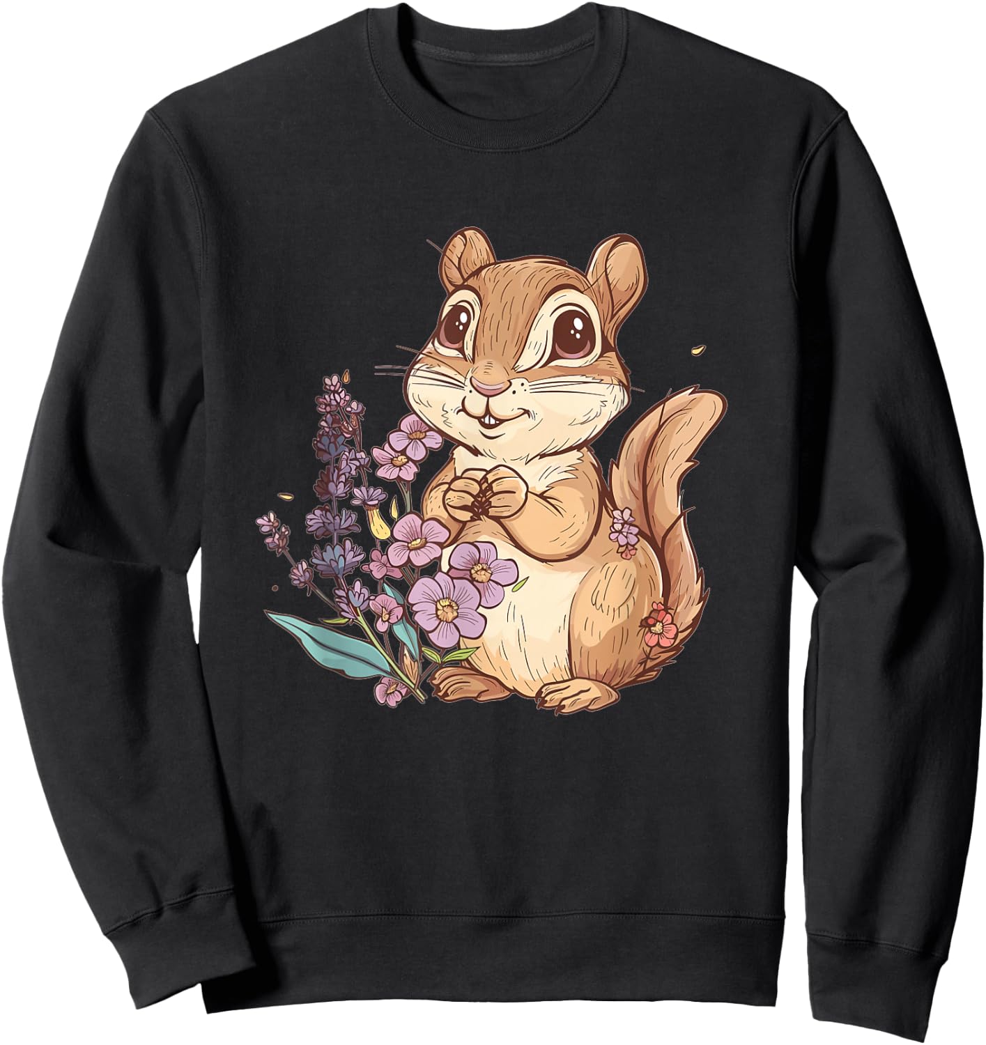 Cute Chipmunk With Flowers I Kids Chipmunk Sweatshirt - Sweatshirt | Black