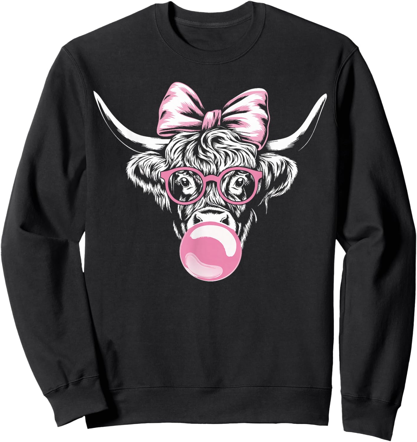 Highland Cow Wearing Glasses and Blowing Pink Bubble Gum Sweatshirt - Sweatshirt | Black