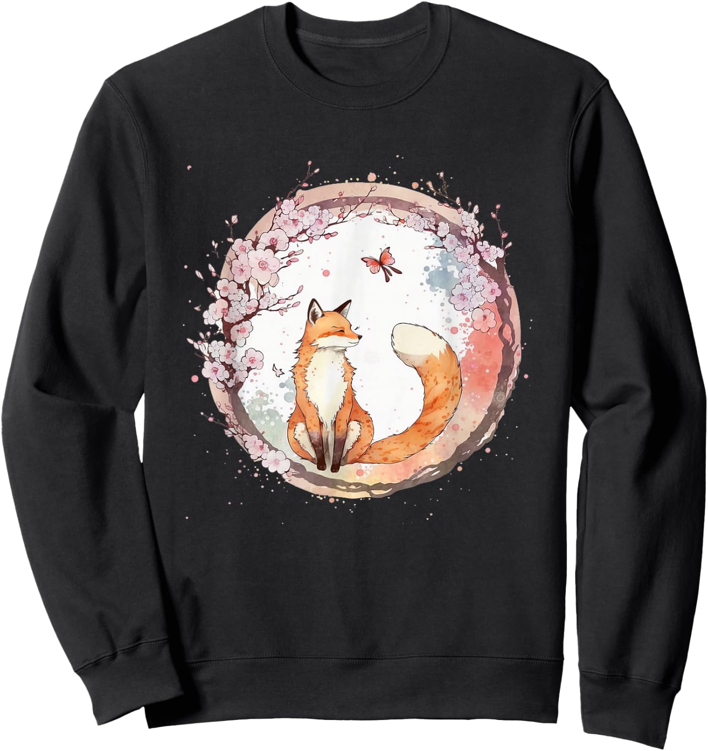 Kawaii Japanese Fox Butterfly Cherry Blossom , black Sweatshirt - Sweatshirt | Black