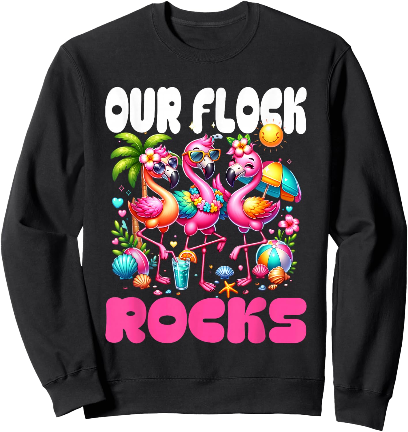 Our Flock Rocks Flamingo Summer Vacation Family Matching Sweatshirt - Sweatshirt | Black