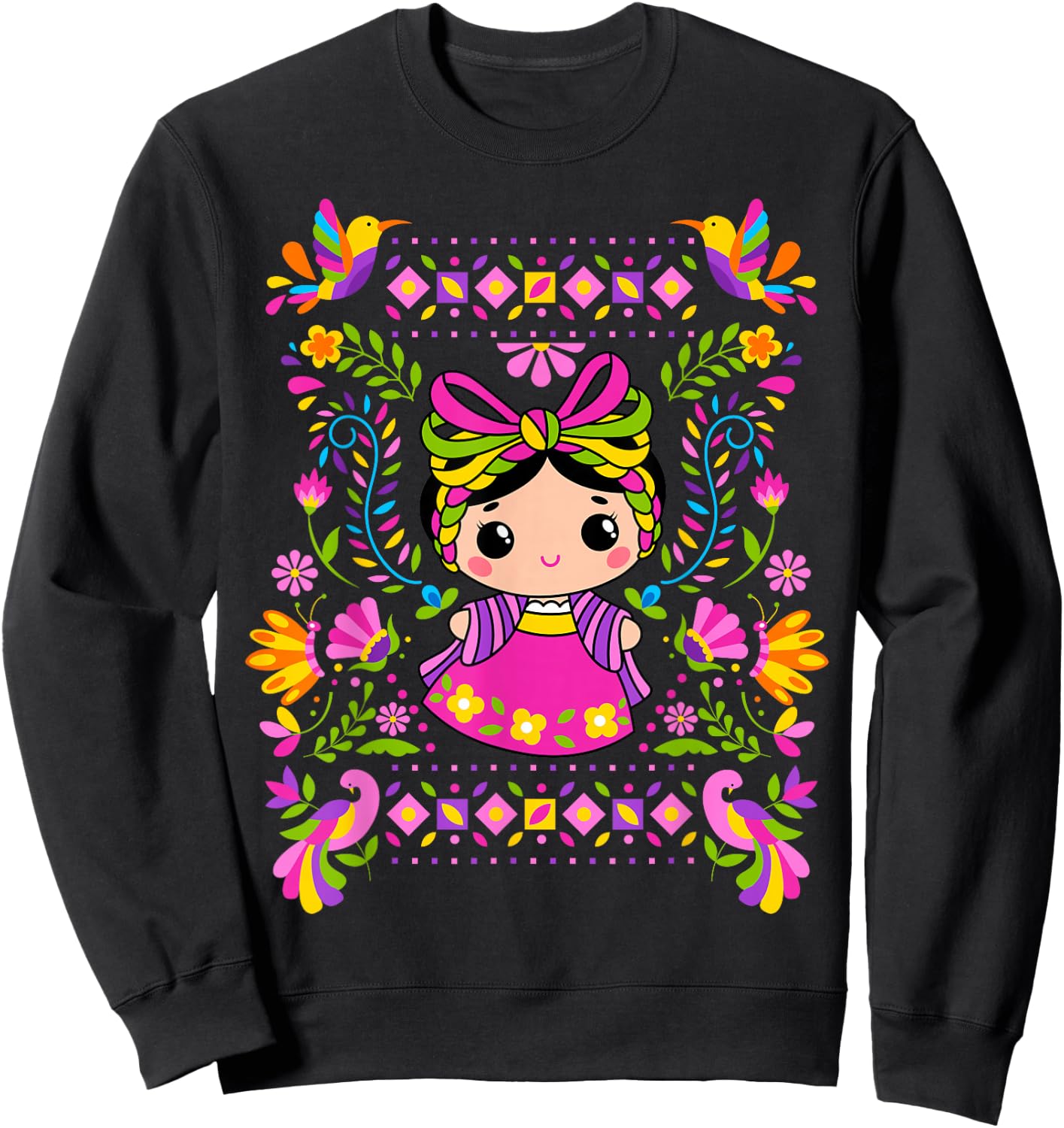 María Mazahua Muñeca de Trapo Mexicana Otomí Sweatshirt - Sweatshirt | Black