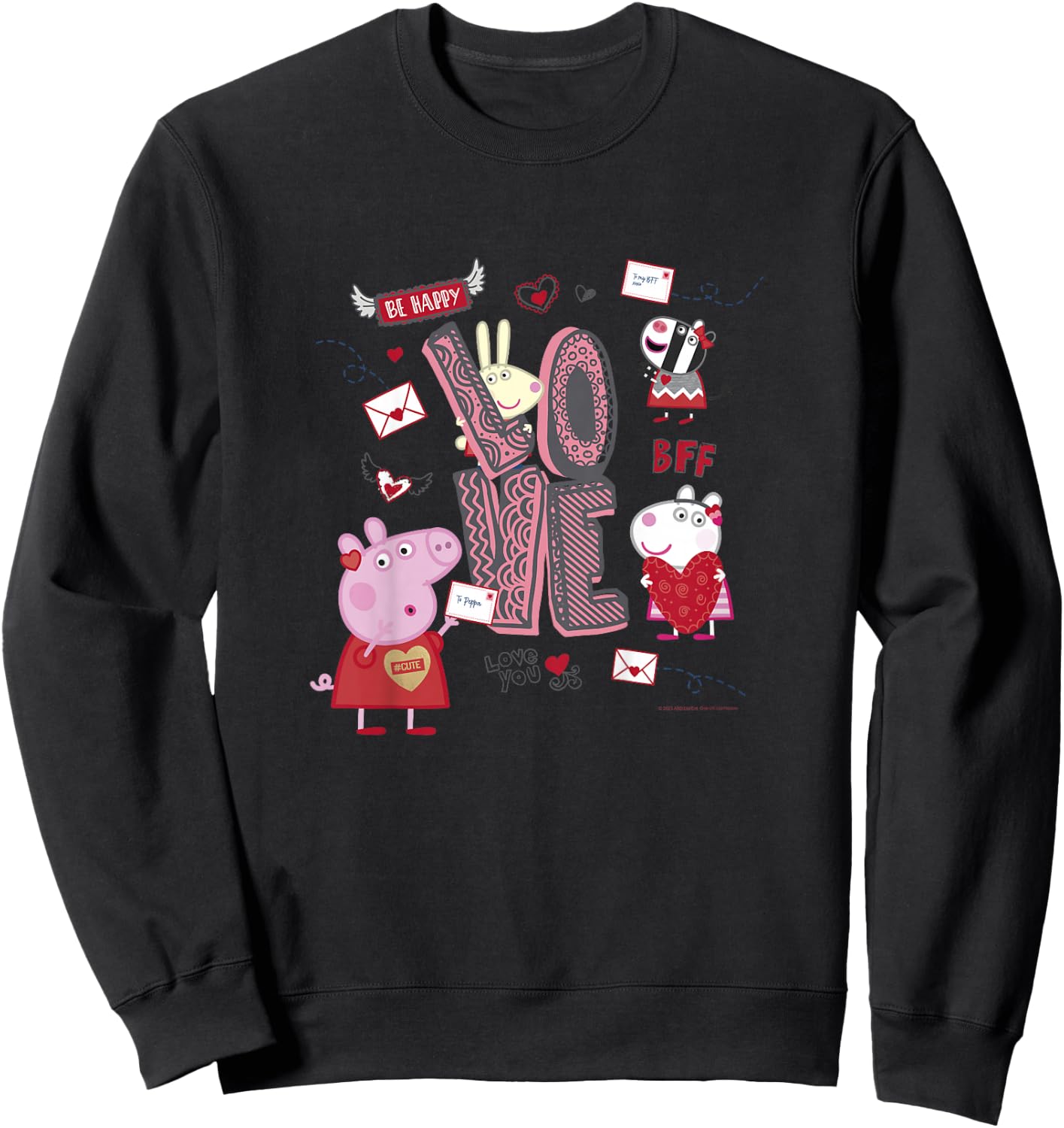 Kids Peppa Pig Valentine's Day Love Be Happy Friends Group Shot Sweatshirt - Sweatshirt | Black