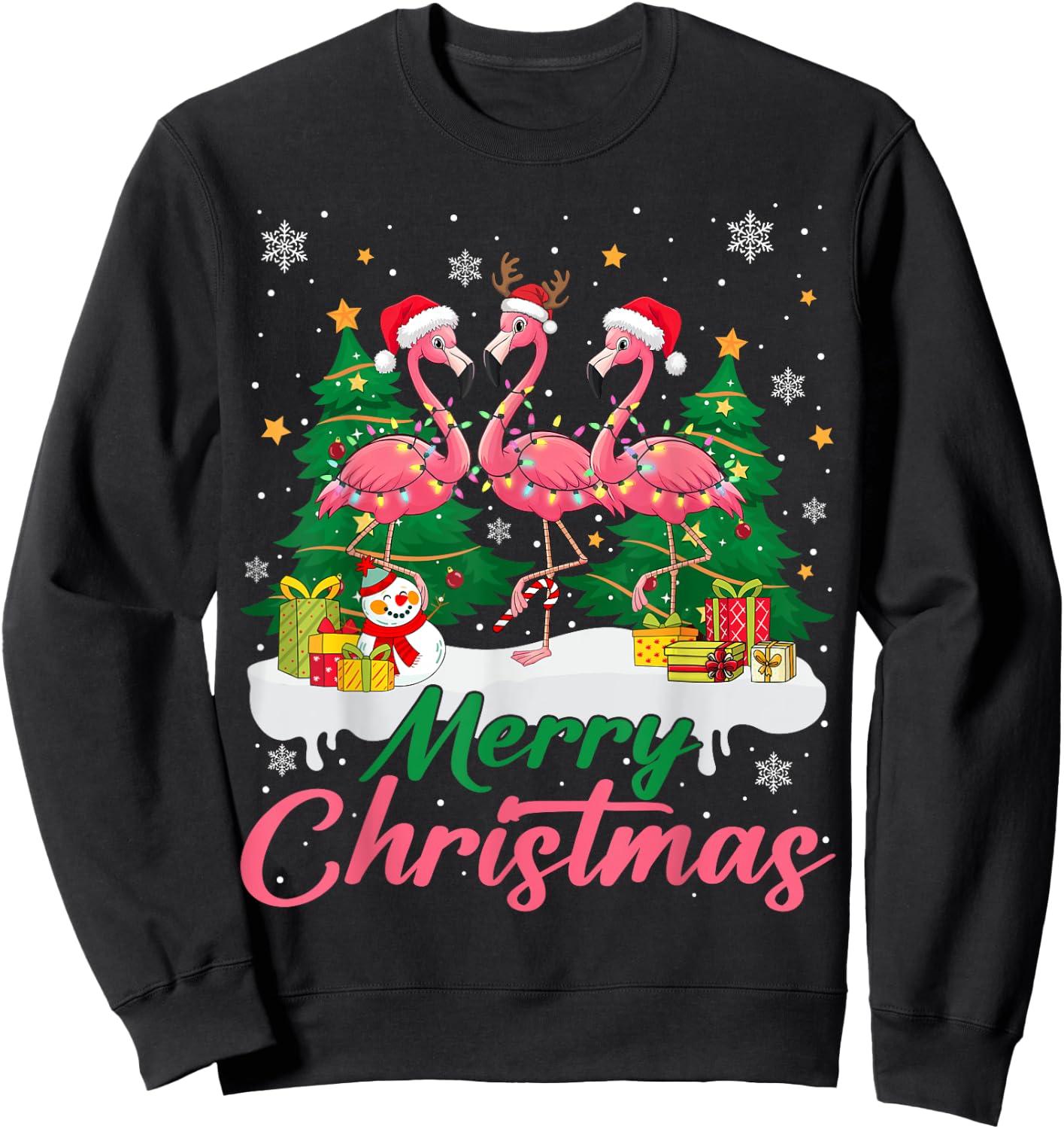 Flamingo Light Christmas Snow Merry Christmas Tree Santa Sweatshirt - Sweatshirt | Black
