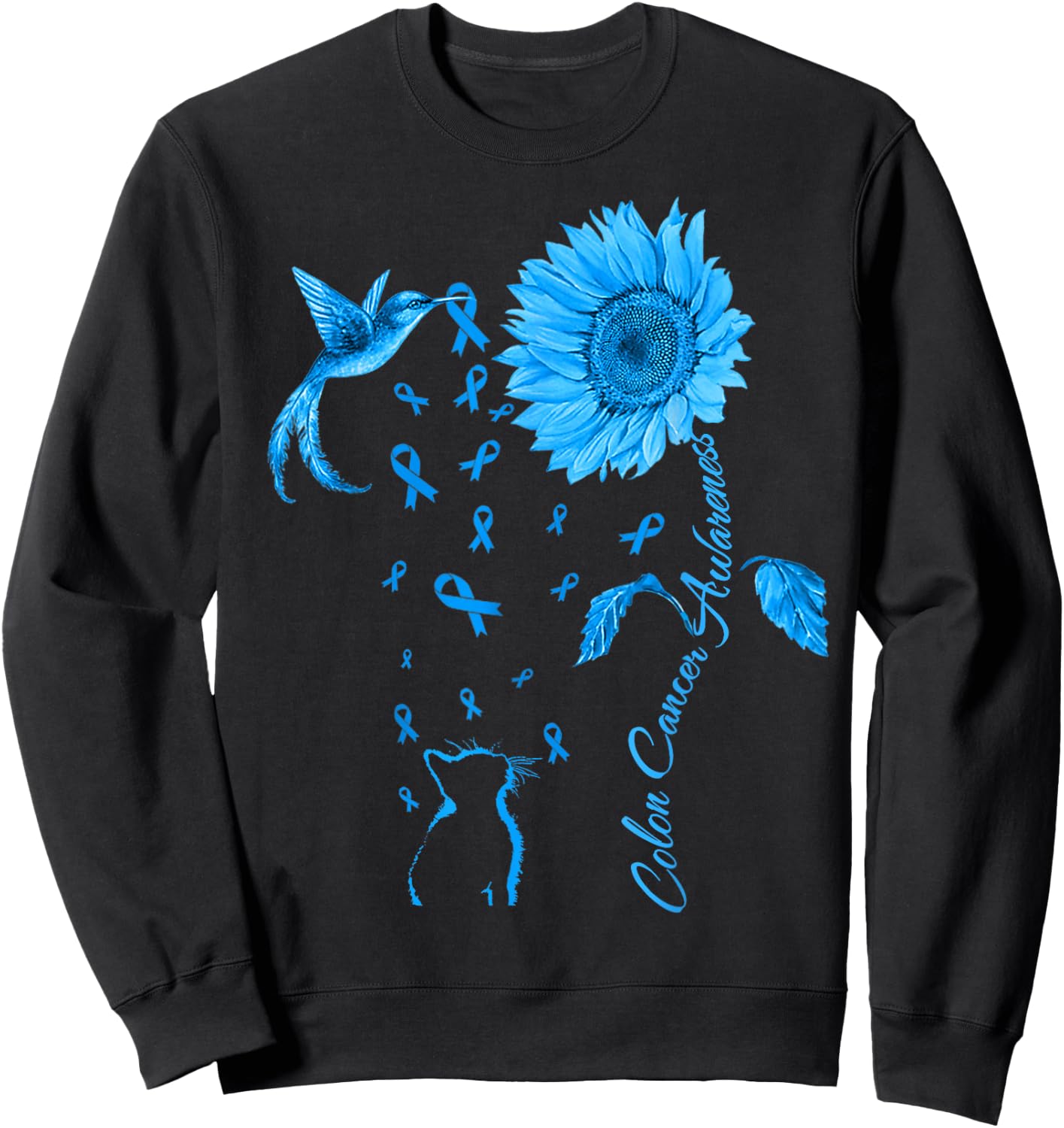 Colon Cancer Awareness Colorectal Blue Ribbon Sunflower Sweatshirt - Sweatshirt | Black