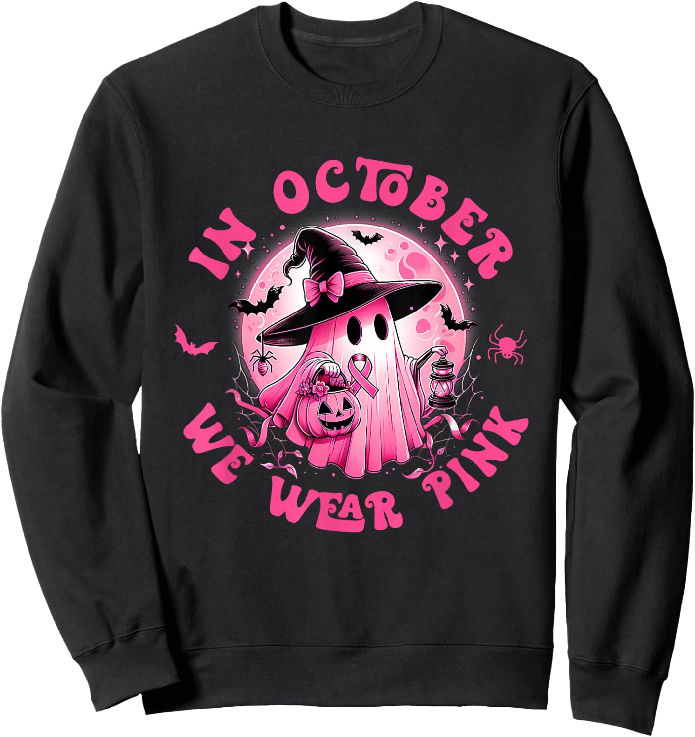 In October We Wear Pink Ghost Witch Breast Cancer Awareness Sweatshirt - Sweatshirt | Black