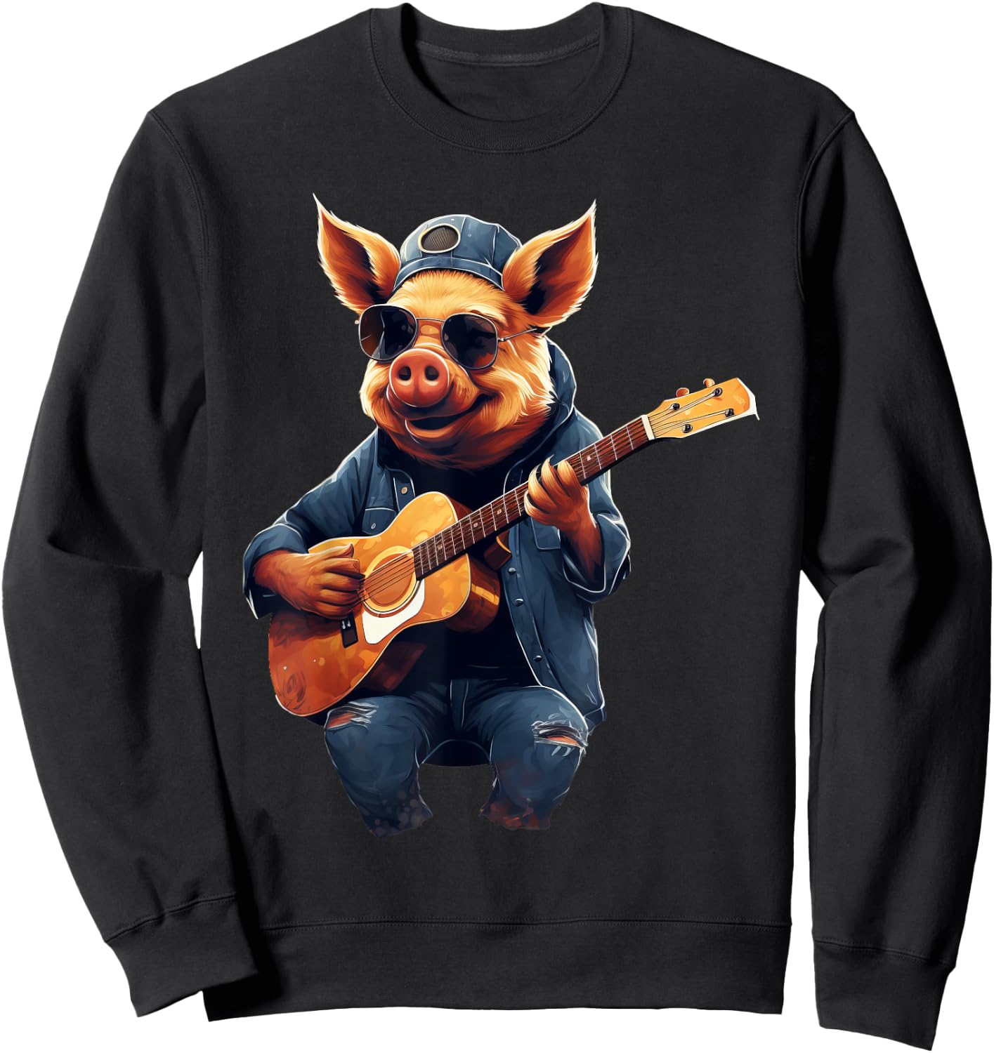 Cute Pig Playing Guitar Pigs Musician Music Sweatshirt - Sweatshirt | Black