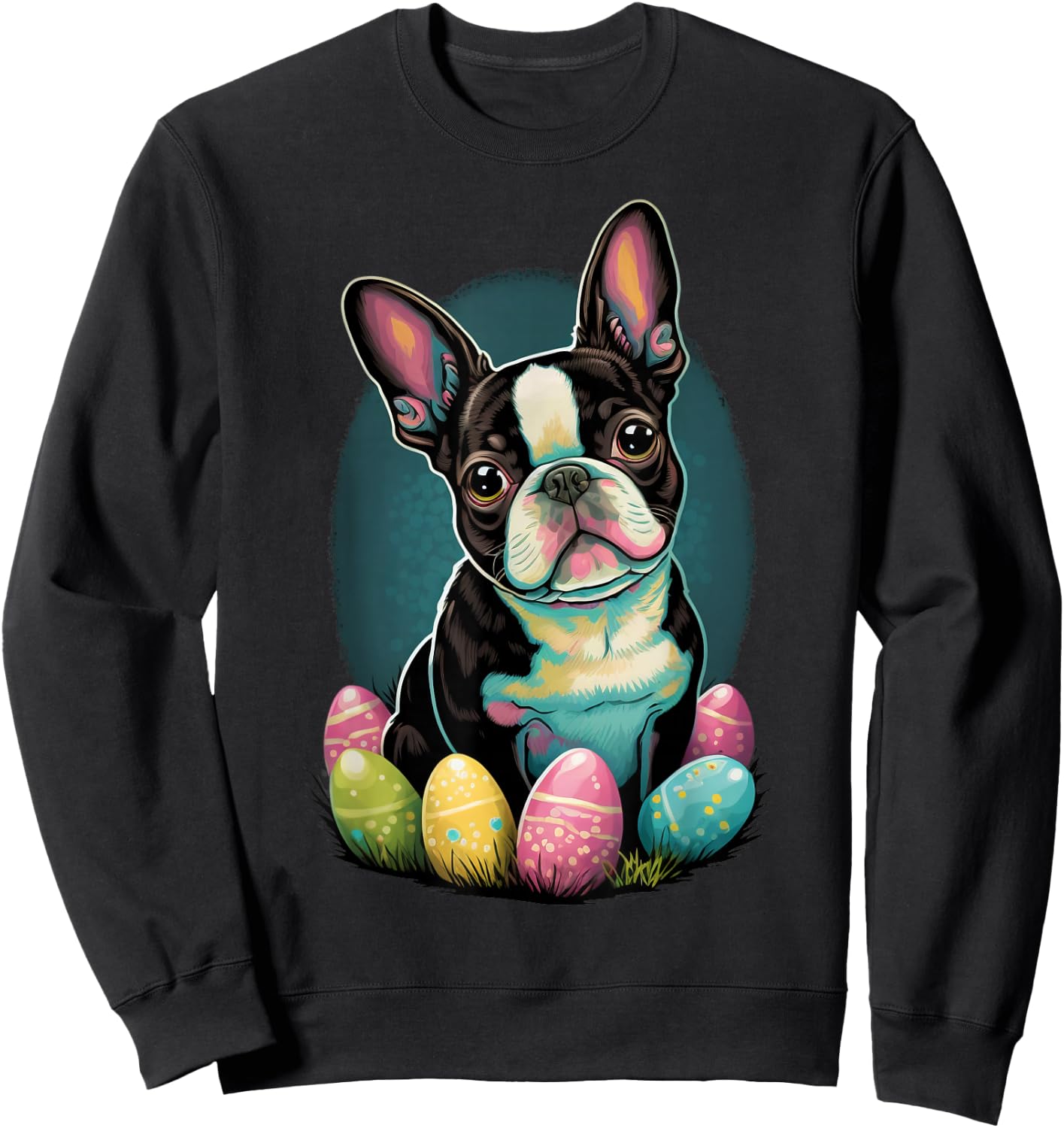 Easter Boston Terrier Bunny Eggs Dog Easter Boston Terrier Women Kids Sweatshirt - Sweatshirt | Black