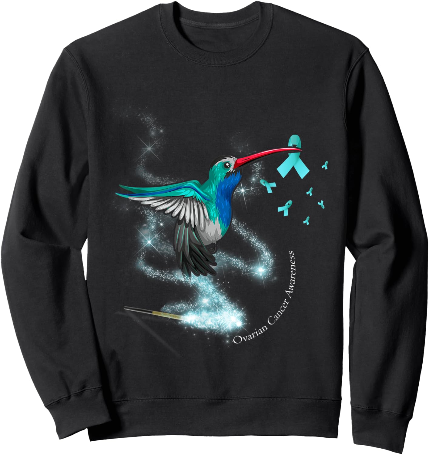 Hummingbird Holding Teal Ribbon Ovarian Cancer Awareness Sweatshirt - Sweatshirt | Black