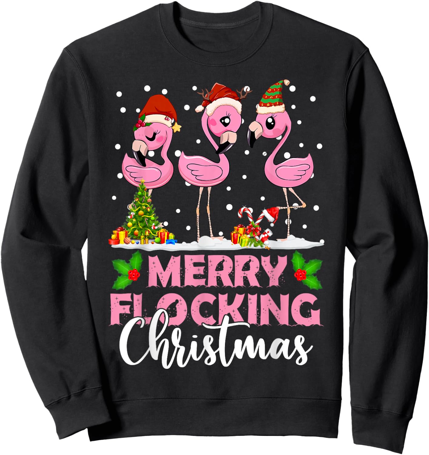 Merry Flocking Christmas Funny Pink Flamingo Santa Hat Sweatshirt - Sweatshirt | Black