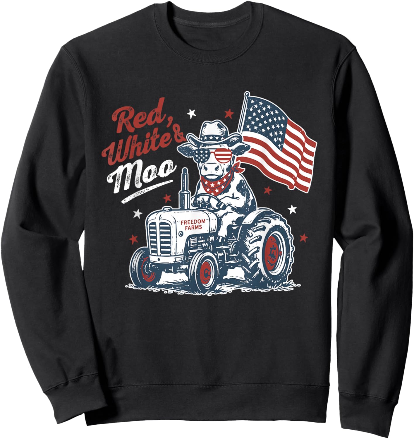 Red White and Moo 4th of July American Cow Tractor Lover Sweatshirt - Sweatshirt | Black