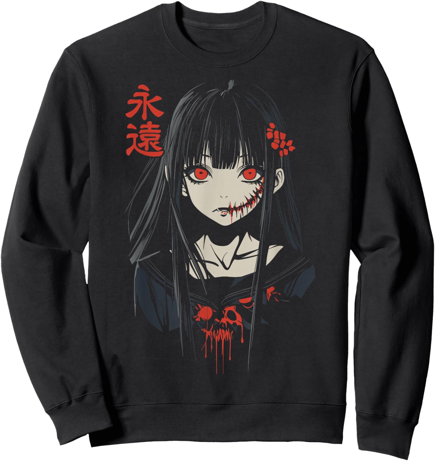 Anime Horror Girl Aesthetic Soft Grunge Waifu Japanese Girl Sweatshirt - Sweatshirt | Black