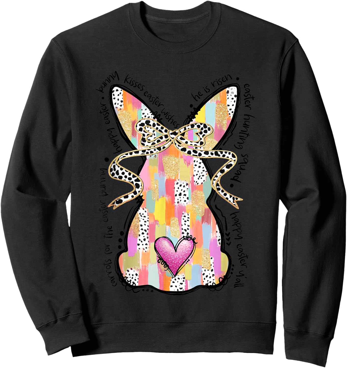 Happy Easter Bunny Coquette Bow Brushstroke Easter Girl Kids Sweatshirt - Sweatshirt | Black
