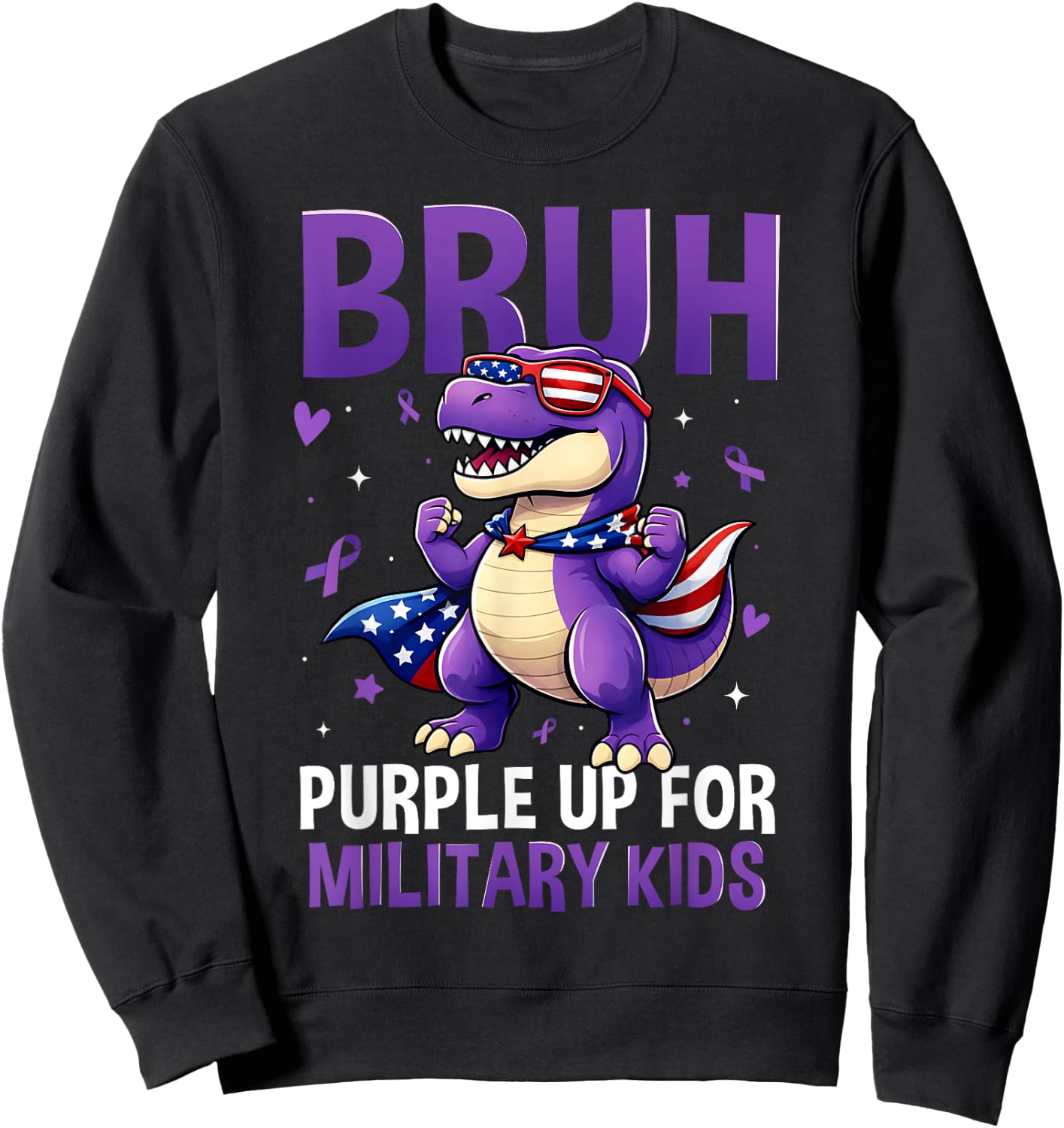 Bruh Purple Up for Military Kids Military Child Dinosaur Sweatshirt - Sweatshirt | Black