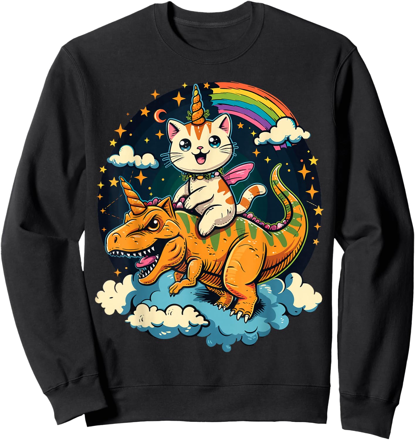 Cat Riding Dinosaur Kitten Lover Space Galaxy Sweatshirt - Sweatshirt | Black